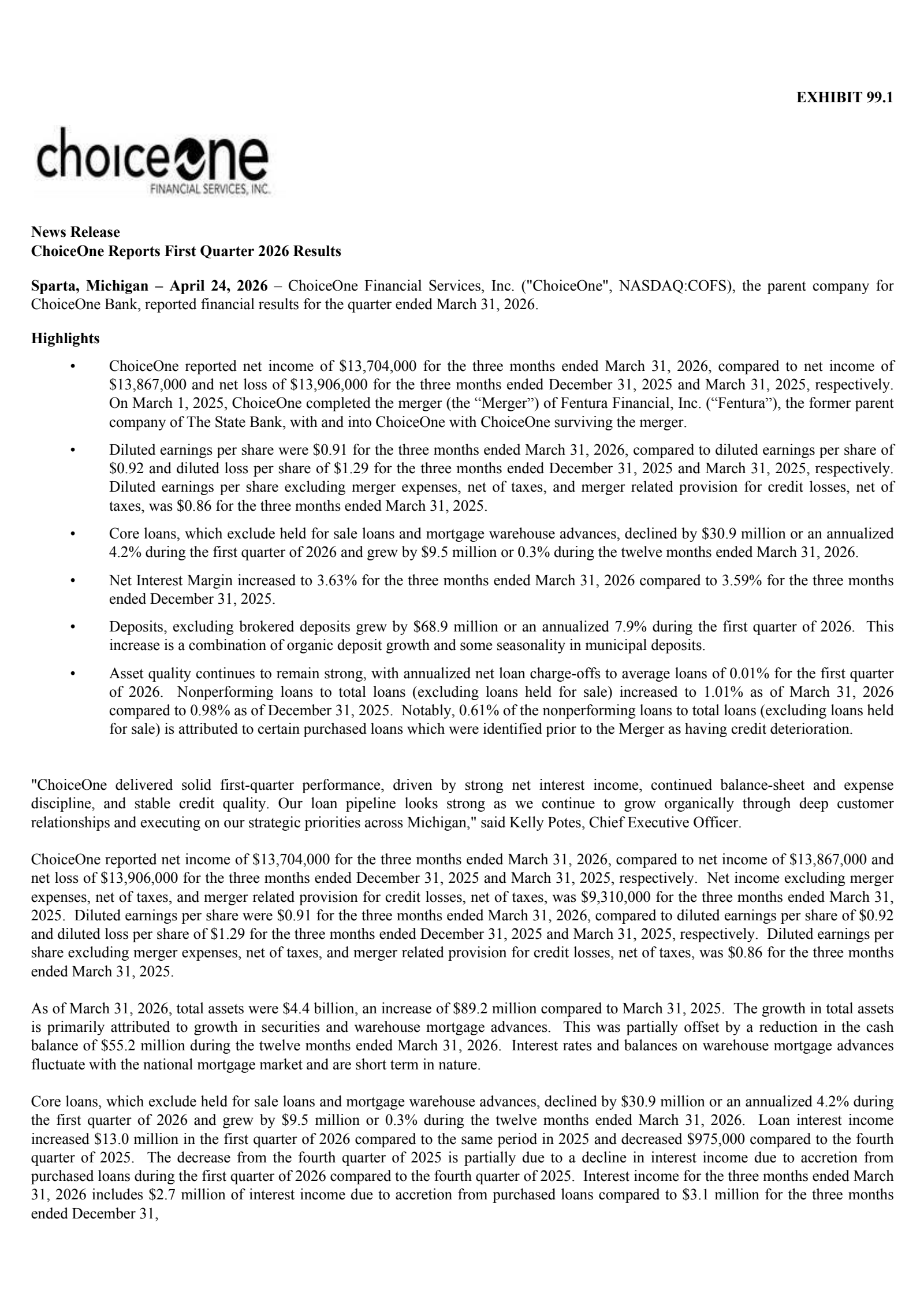 ChoiceOne Financial Services' Q1 2026 Press Release