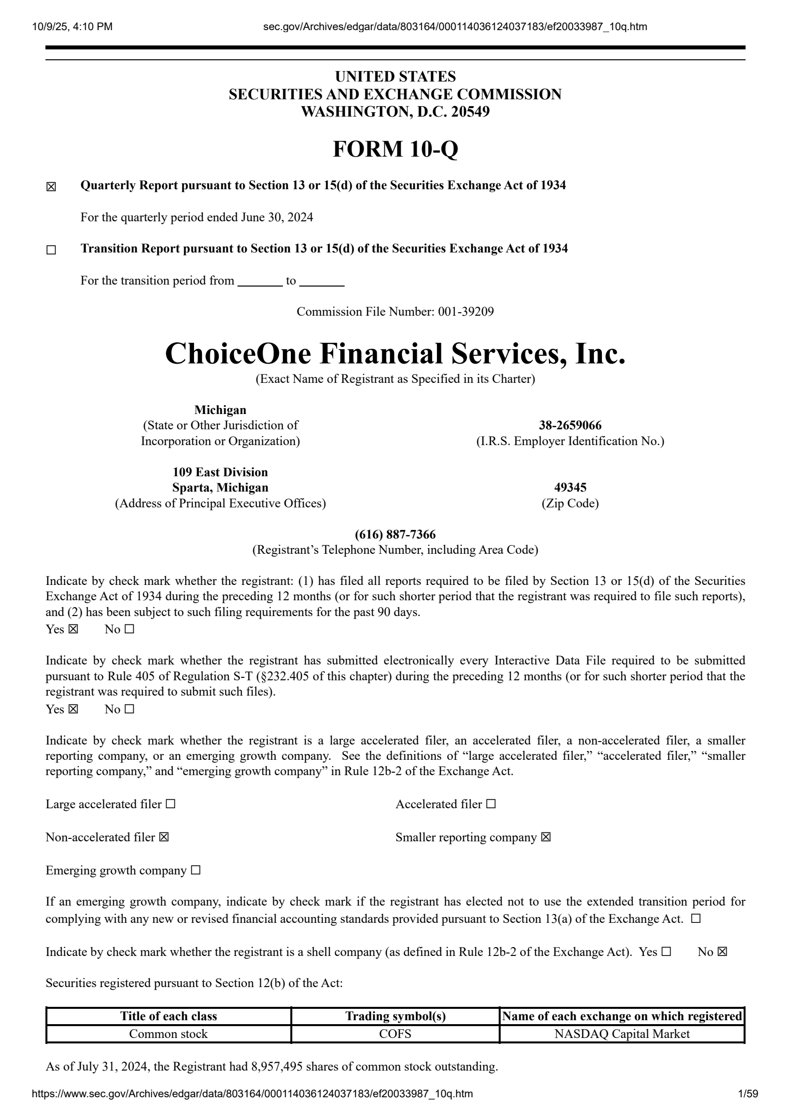 ChoiceOne Financial Services' Q2 2024 & Acquisition Quarterly Report