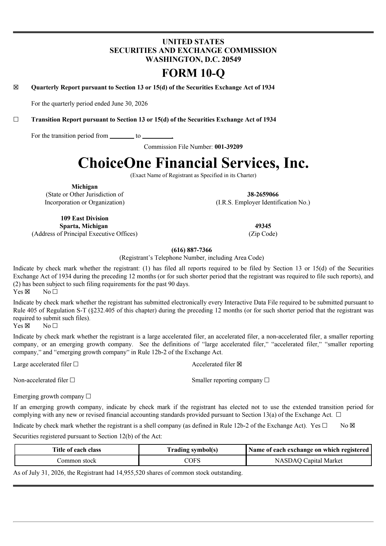 ChoiceOne Financial Services' Q2 2026 Quarterly report