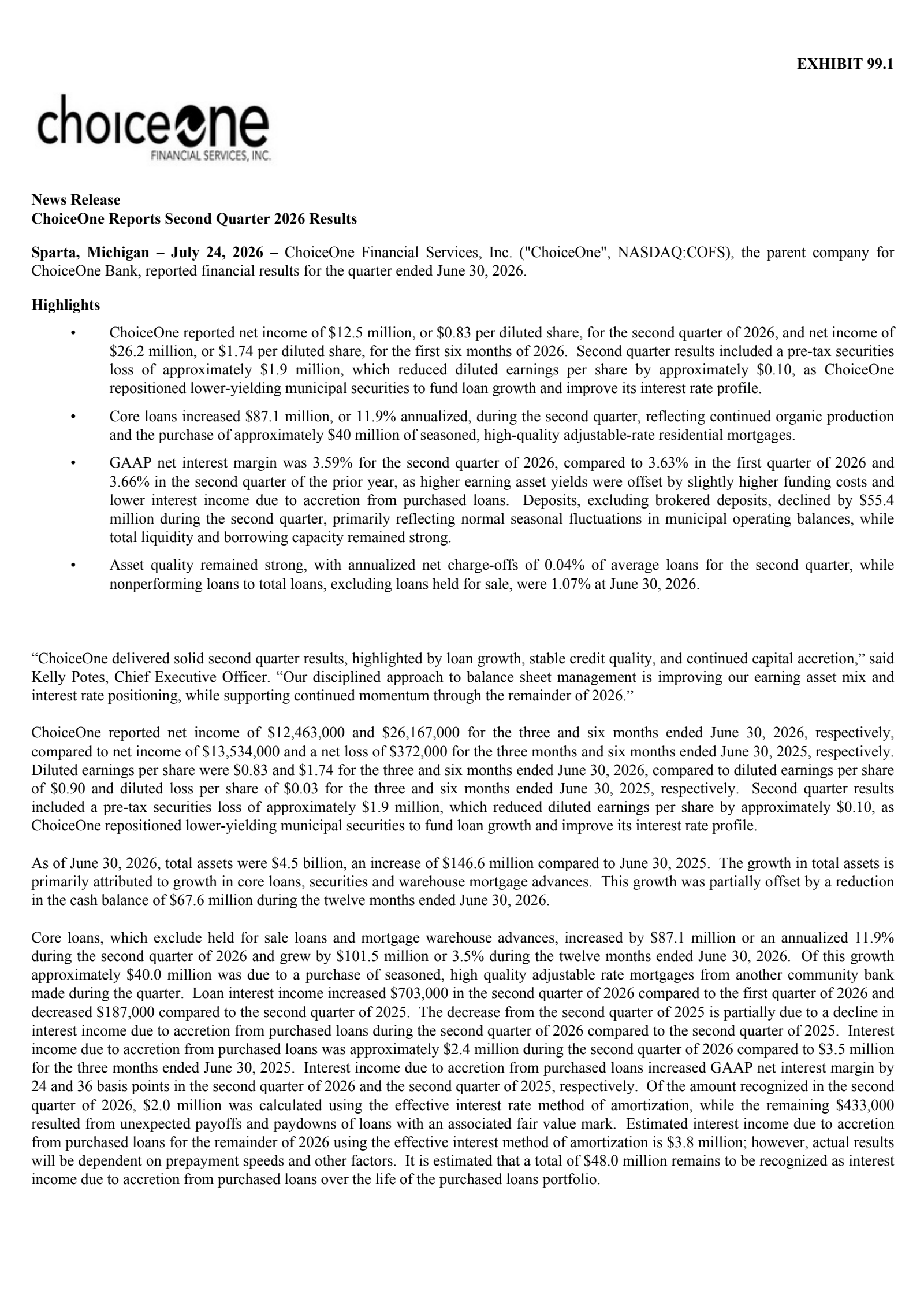 ChoiceOne Financial Services' Q2 2026 Press Release