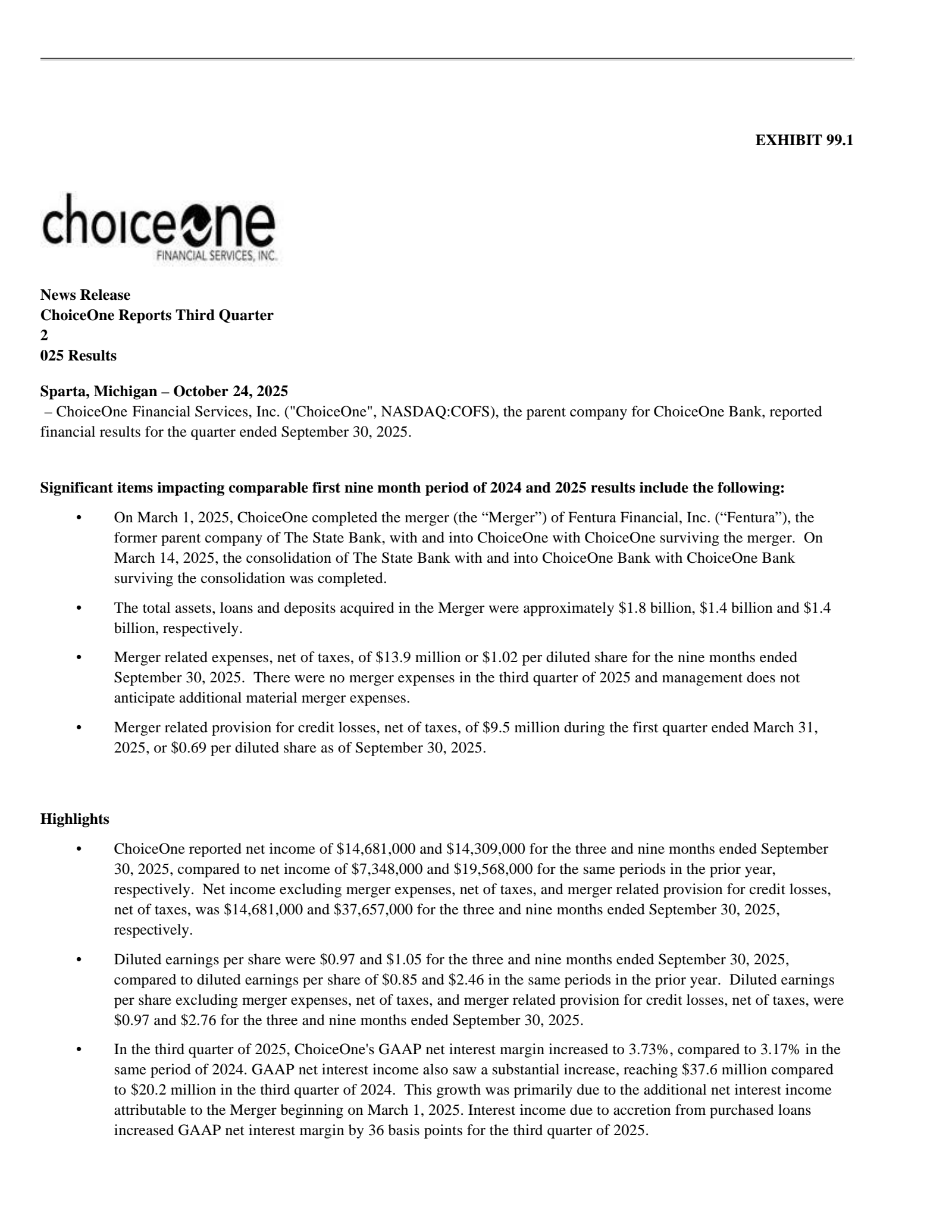 ChoiceOne Financial Services' Q3 2025 Press Release