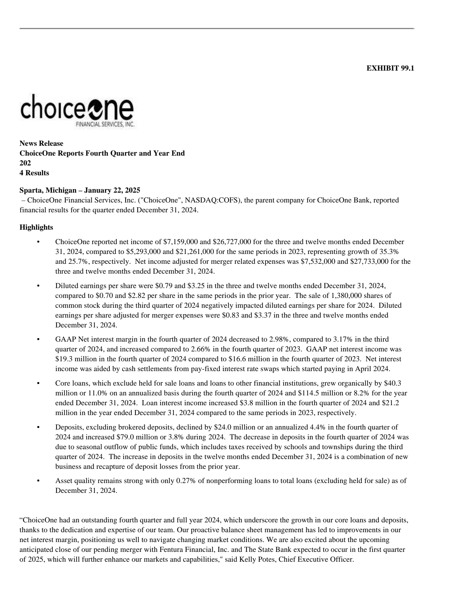 ChoiceOne Financial Services' Q4 2024 Press Release
