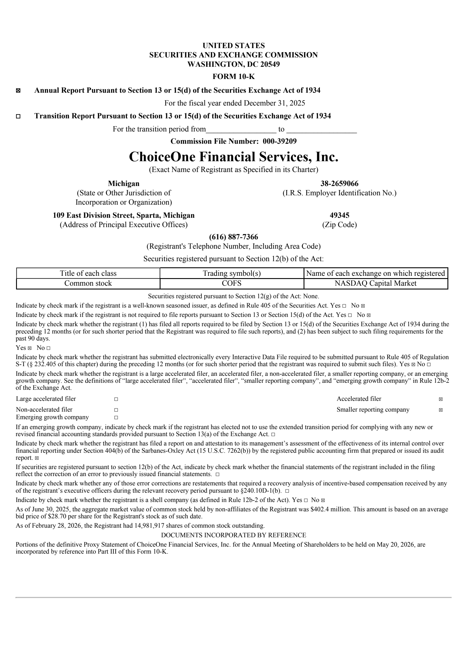 ChoiceOne Financial Services' Q4 2025 Annual report