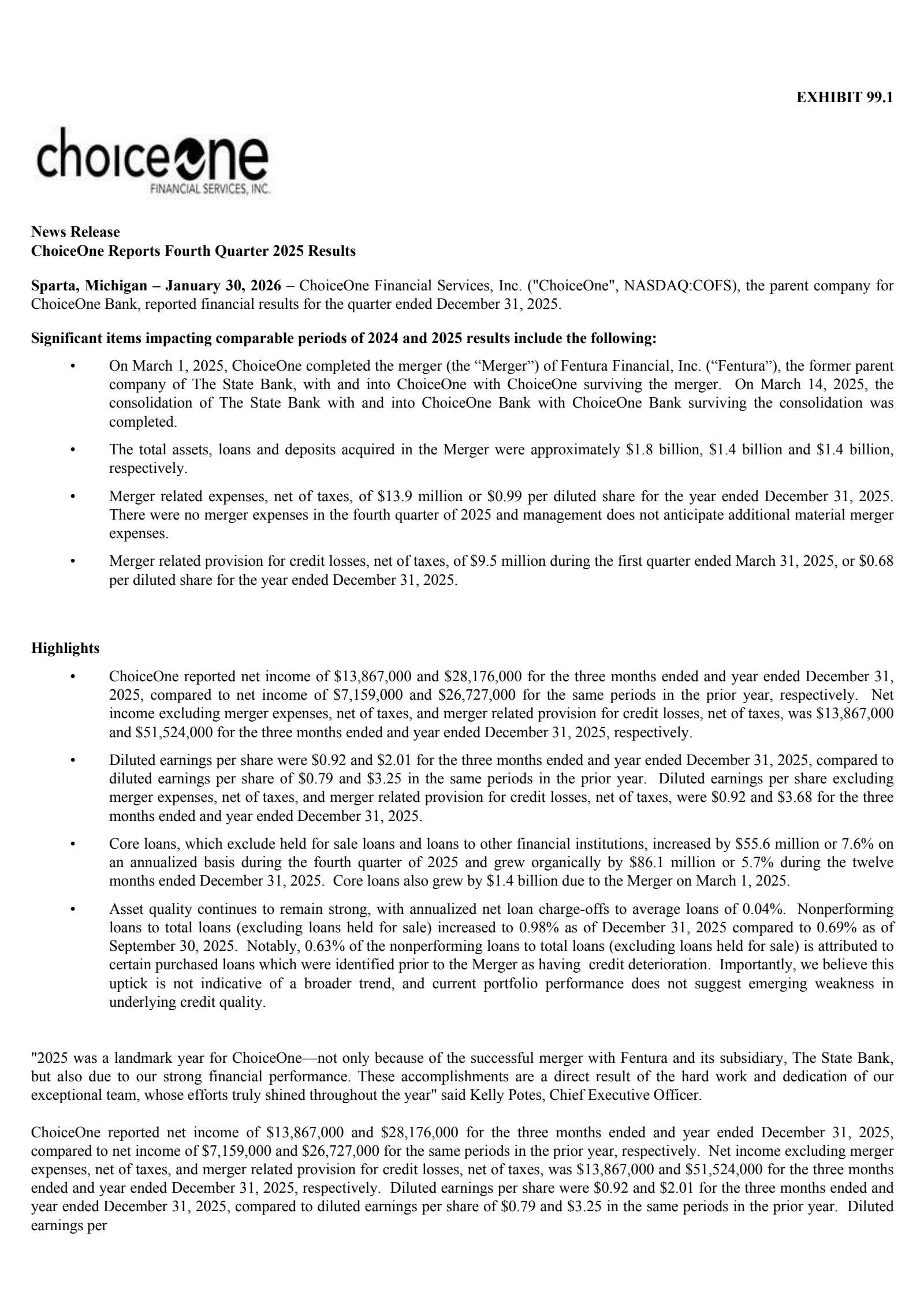 ChoiceOne Financial Services' Q4 2025 Press Release