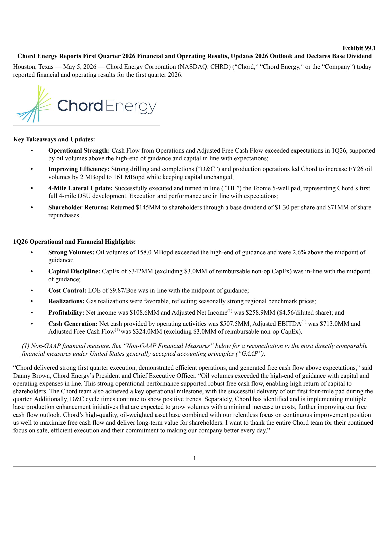 Chord Energy's Q1 2026 Press Release