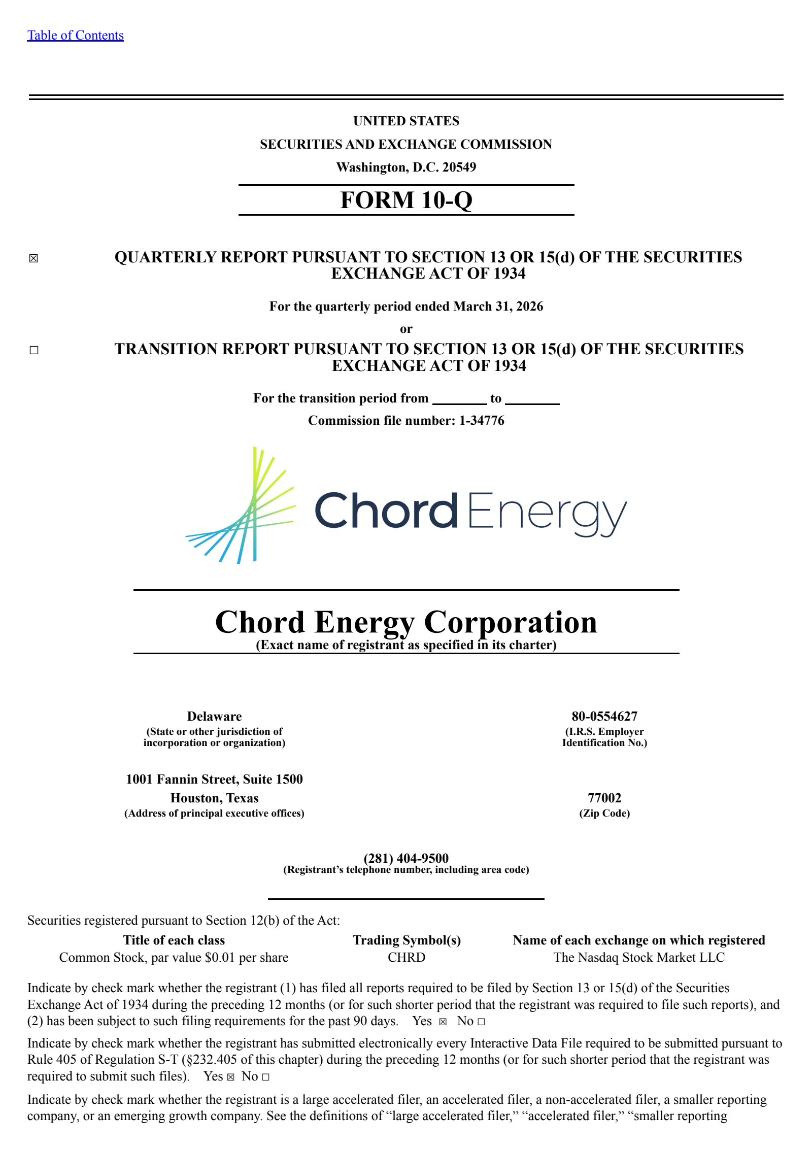 Chord Energy's Q1 2026 Quarterly report