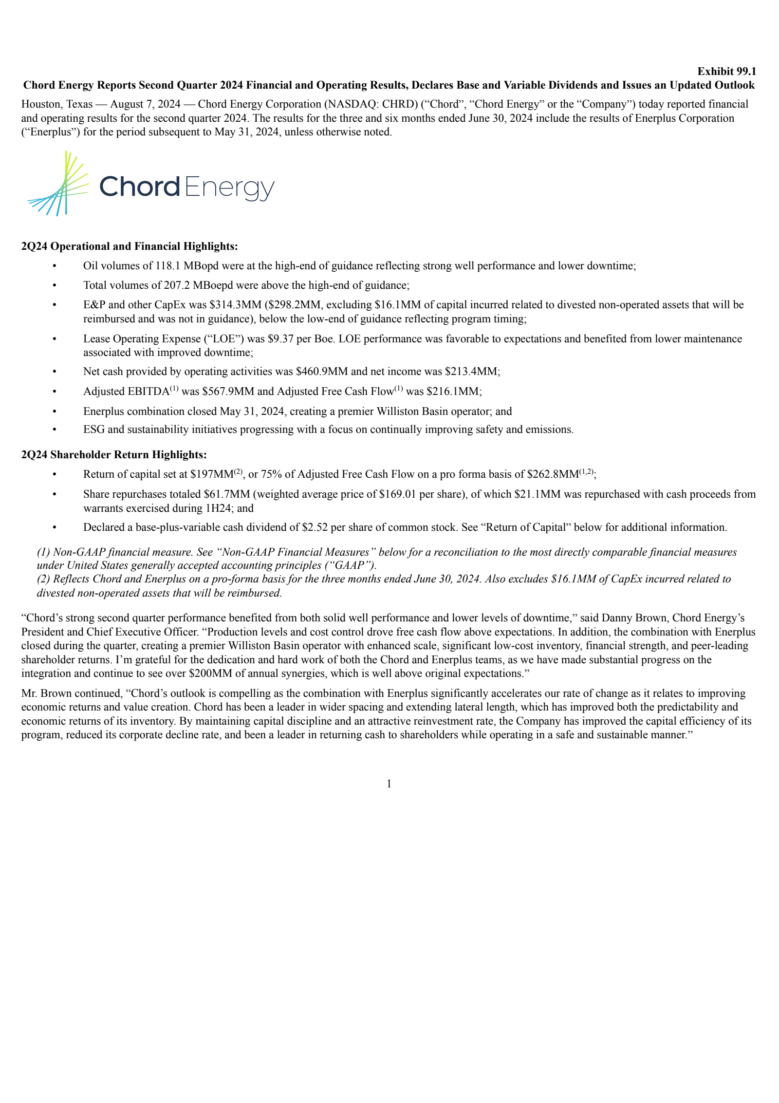 Chord Energy's Q2 2024 Press Release