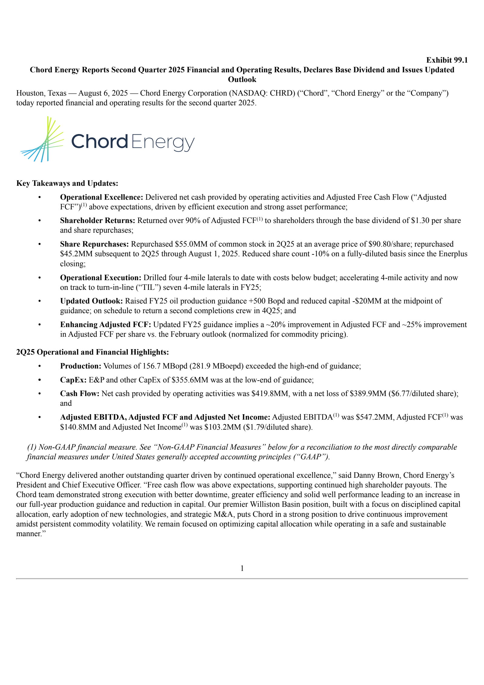 Chord Energy's Q2 2025 Press Release