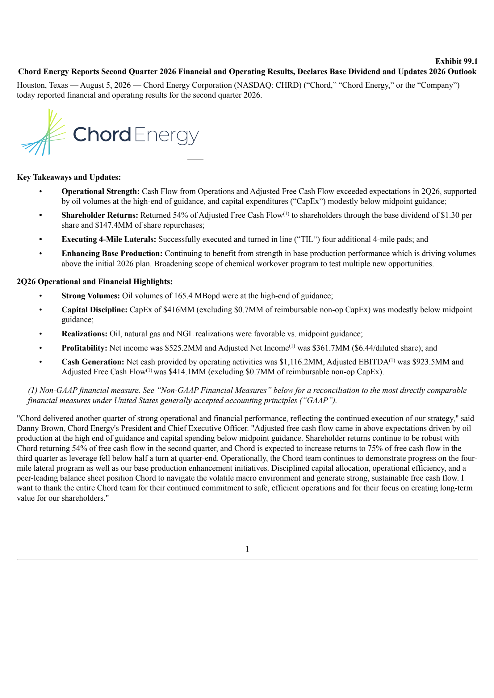 Chord Energy's Q2 2026 Press Release