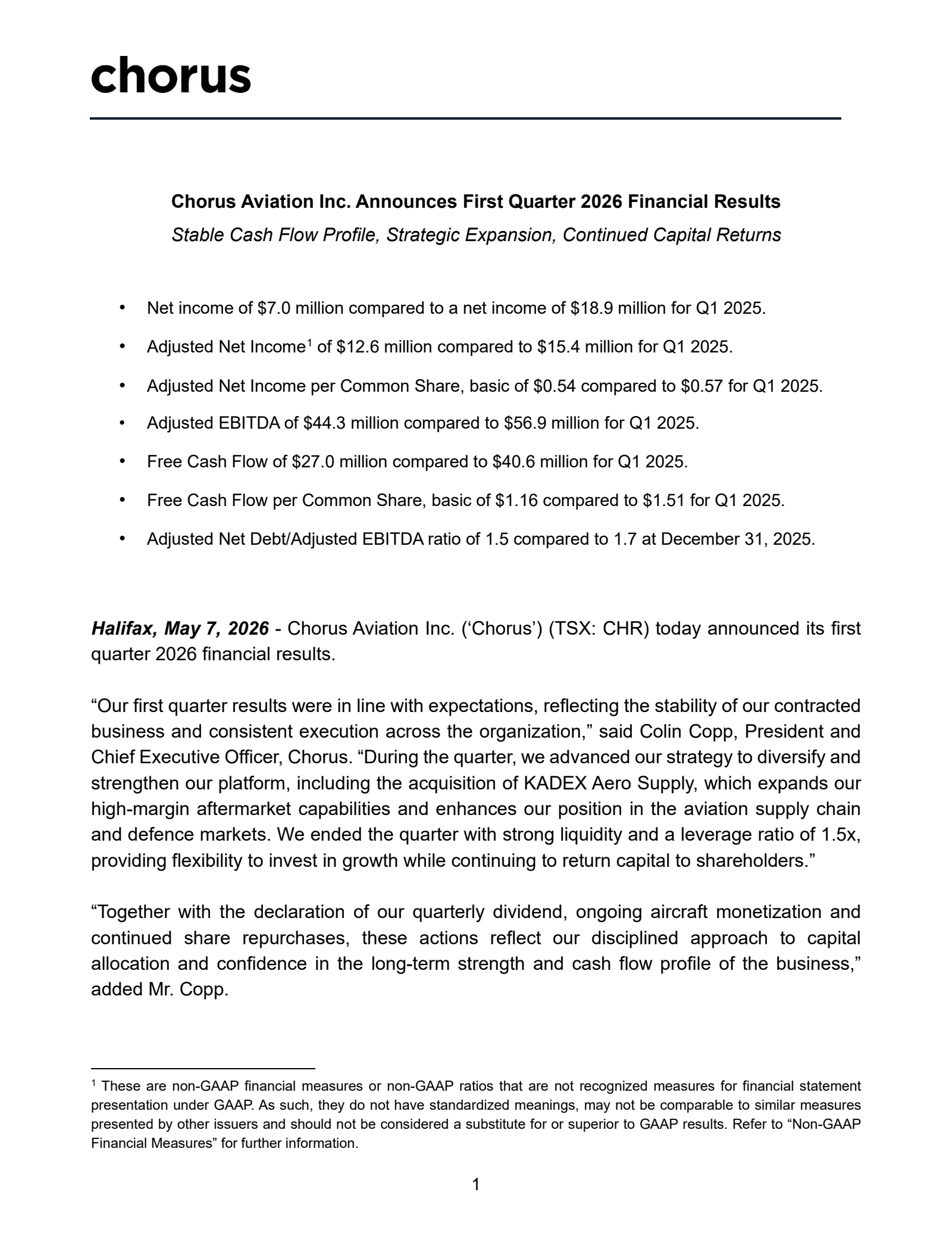 Chorus Aviation's Q1 2026 Press Release
