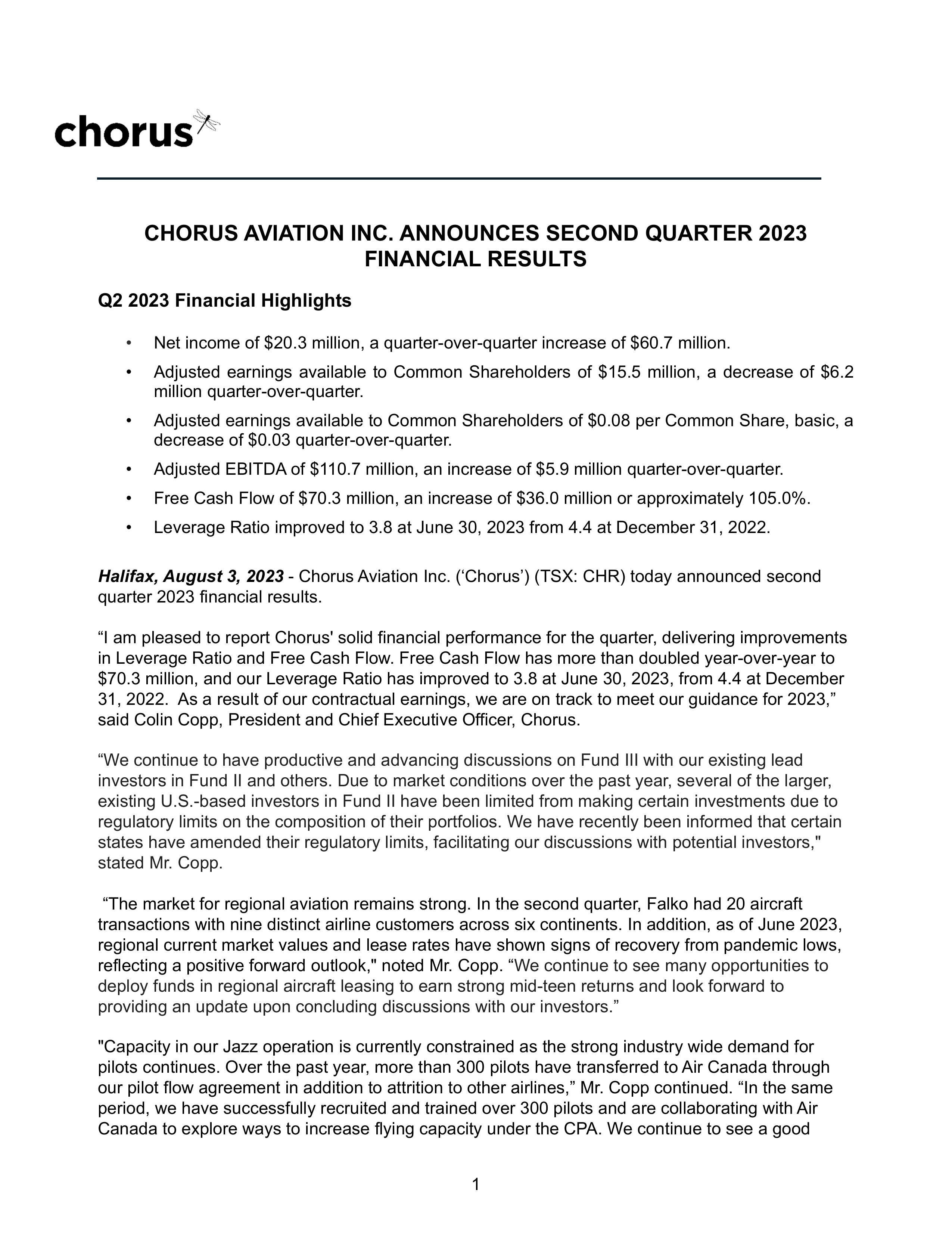 Chorus Aviation's Q2 2023 Interim report
