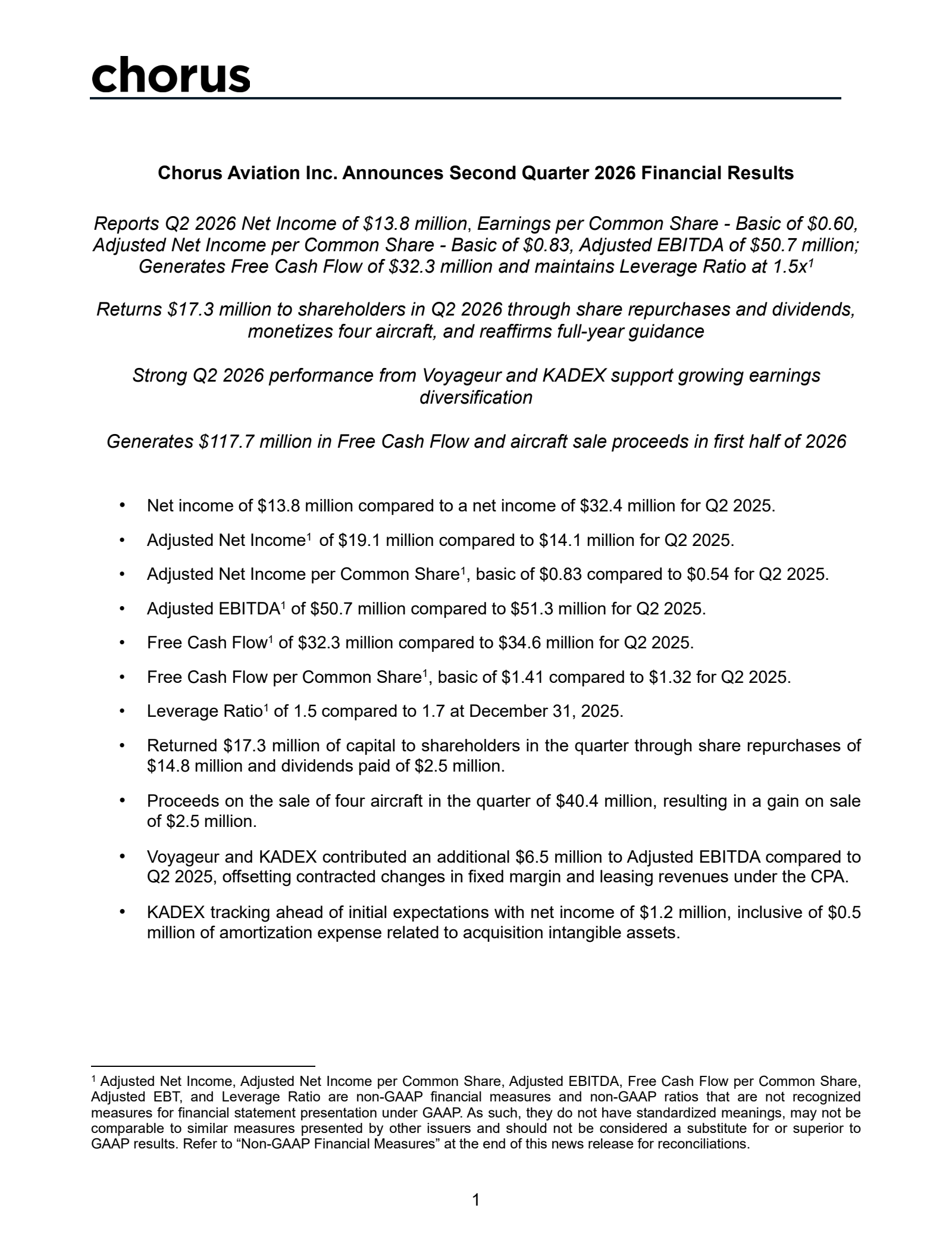 Chorus Aviation's Q2 2026 Press Release