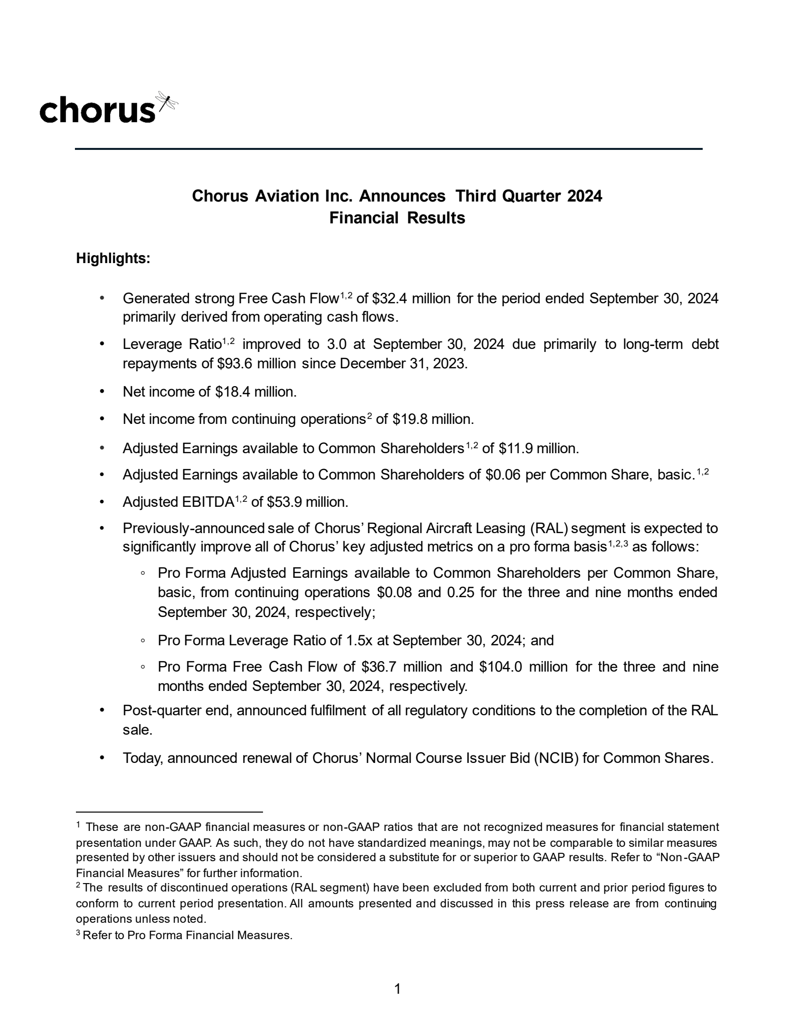Chorus Aviation's Q3 2024 Press Release