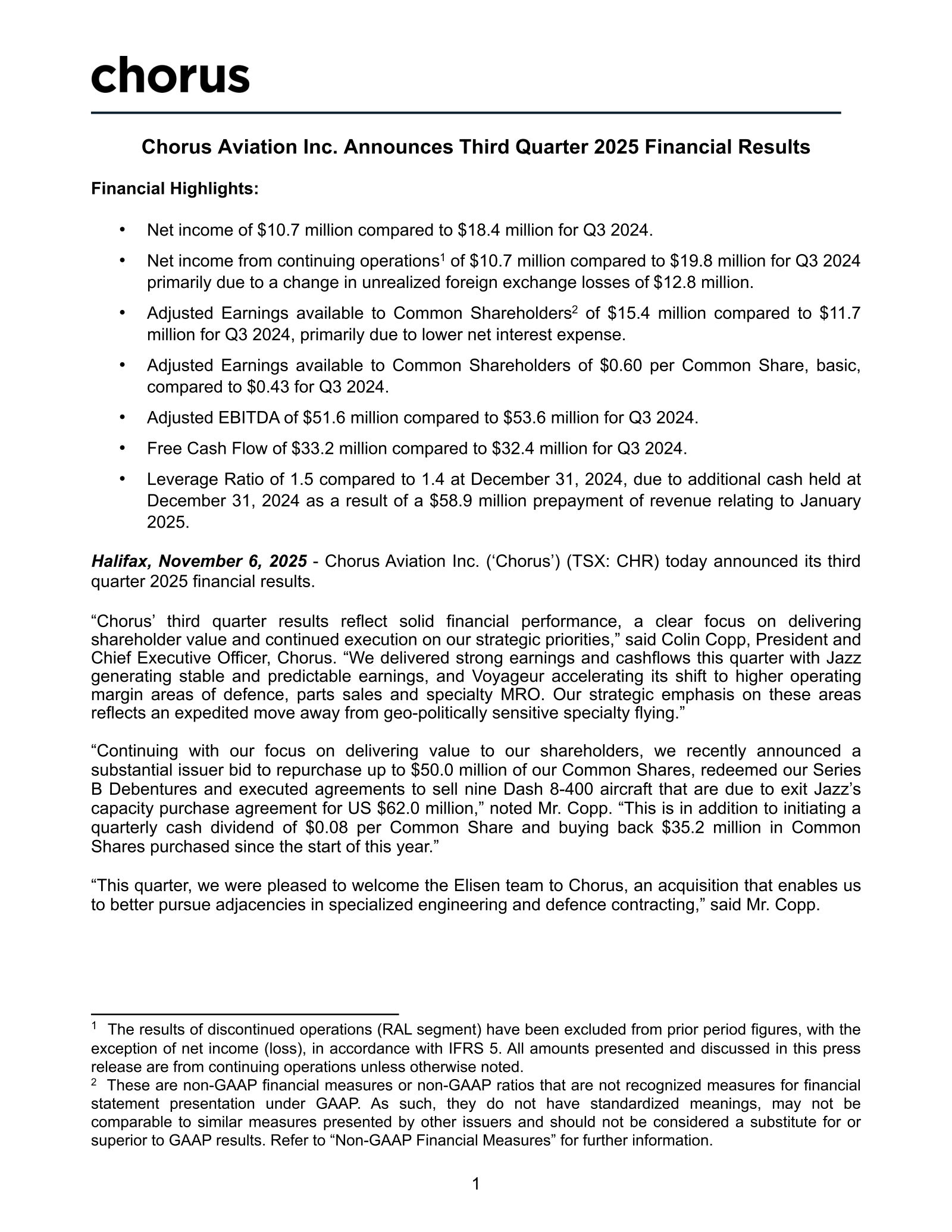 Chorus Aviation's Q3 2025 Earnings Release