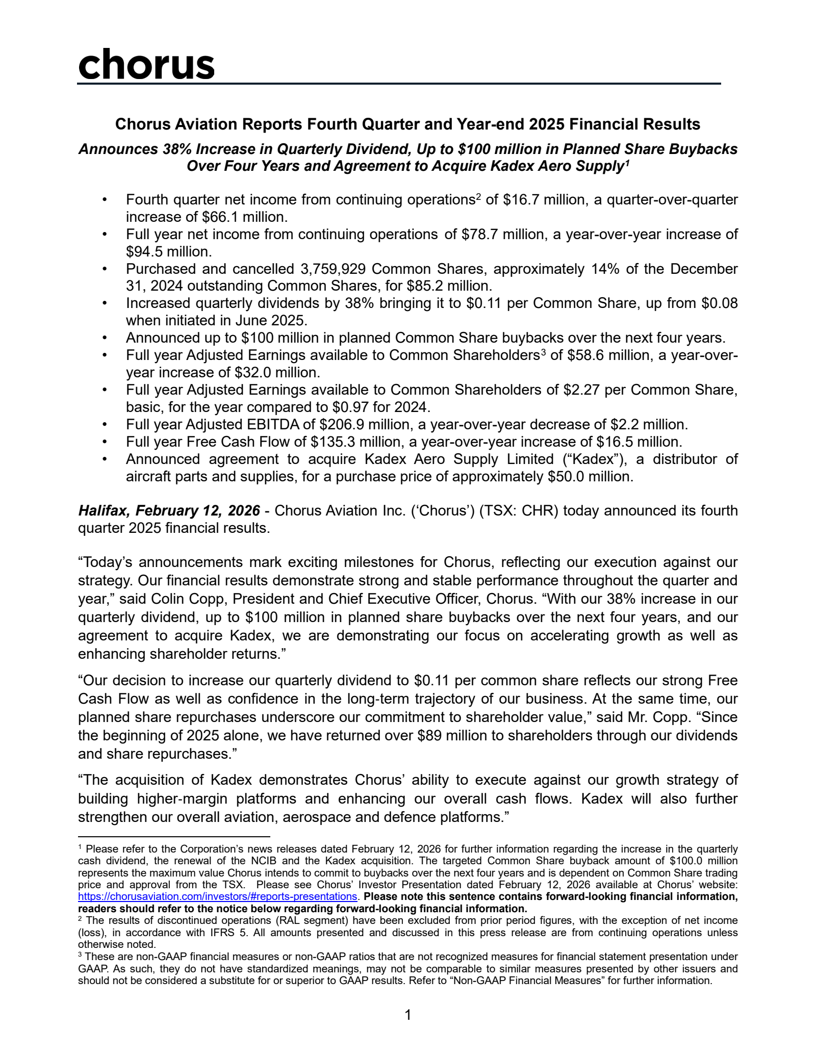 Chorus Aviation's Q4 2025 Press Release