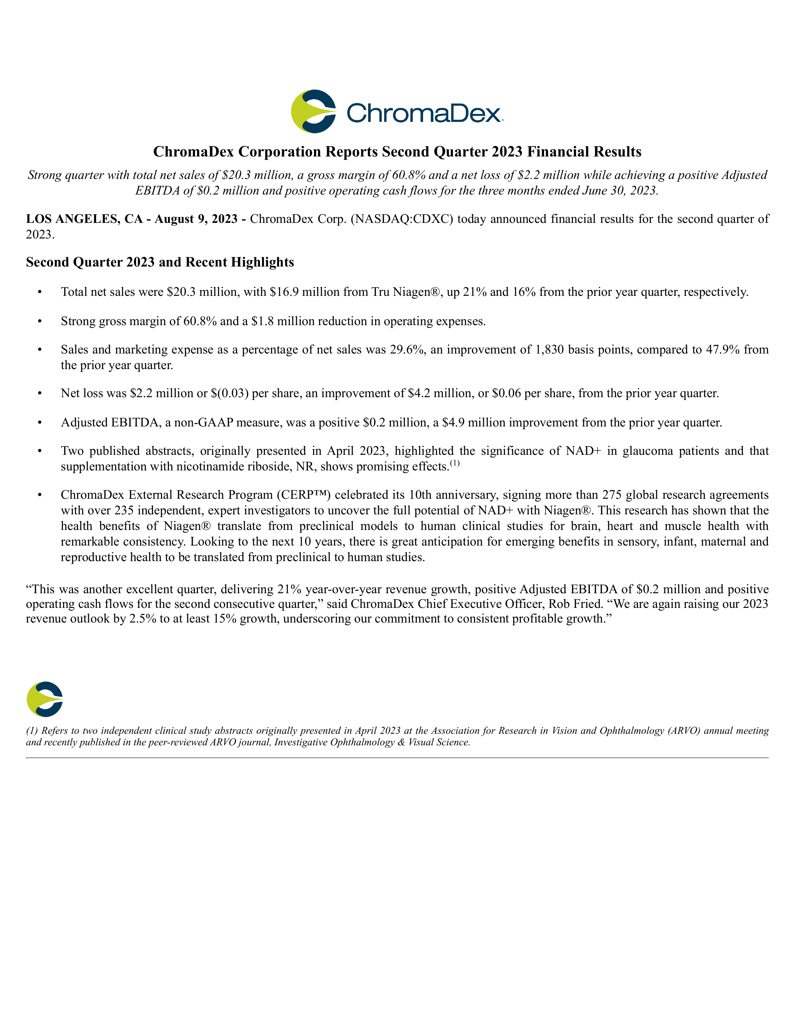 ChromaDex's Q2 2023 Press Release