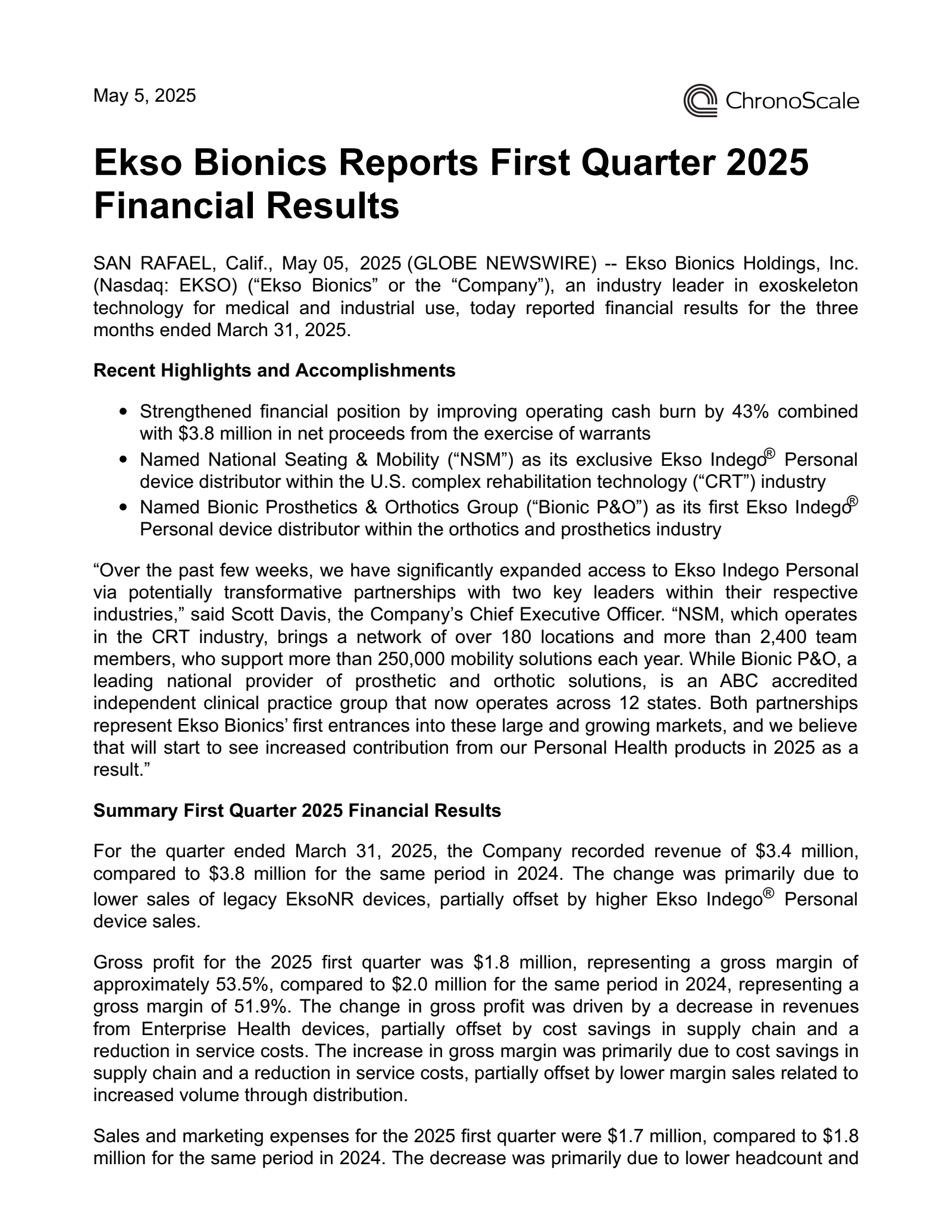 ChronoScale Corporation Common Stock's Q1 2025 Press Release
