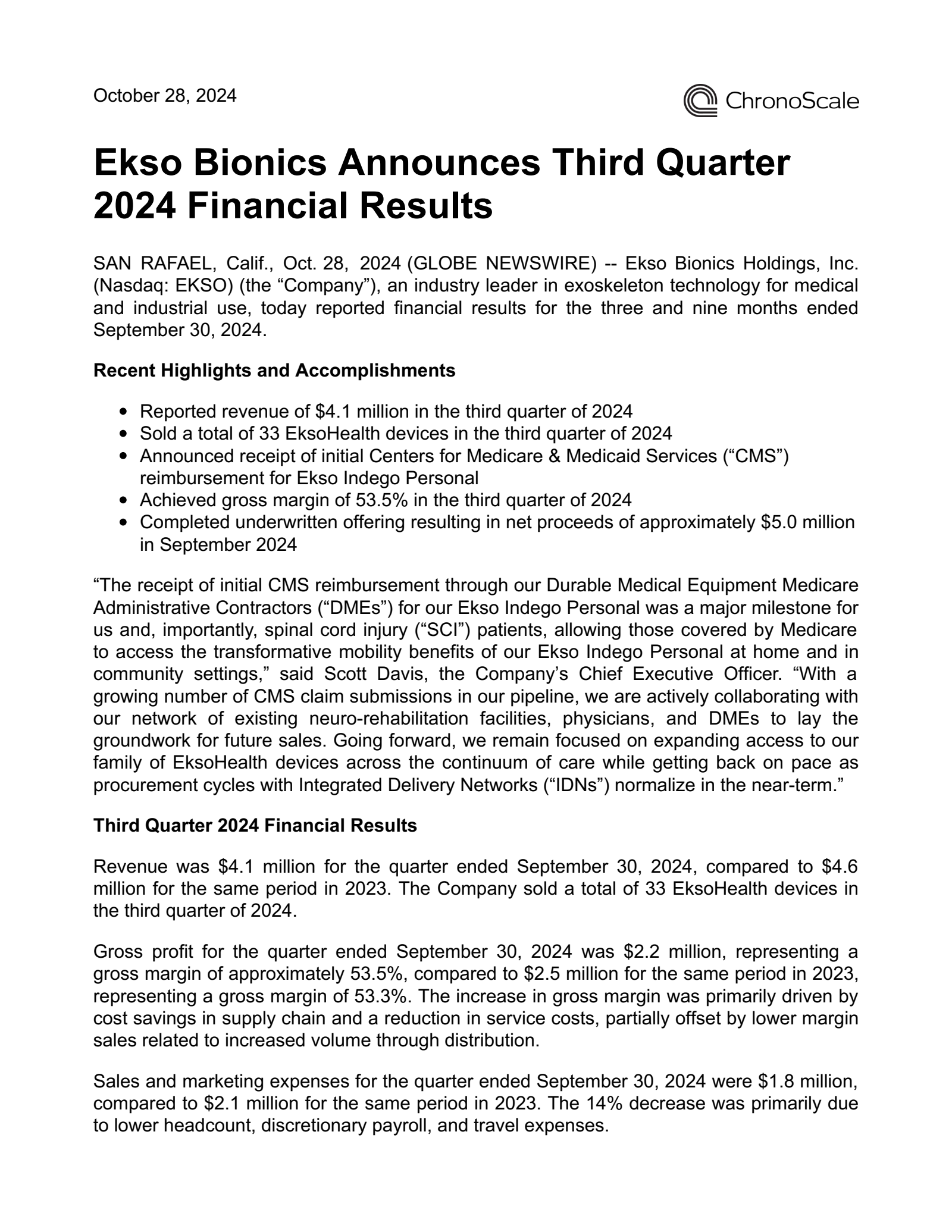 ChronoScale Corporation Common Stock's Q3 2024 Press Release