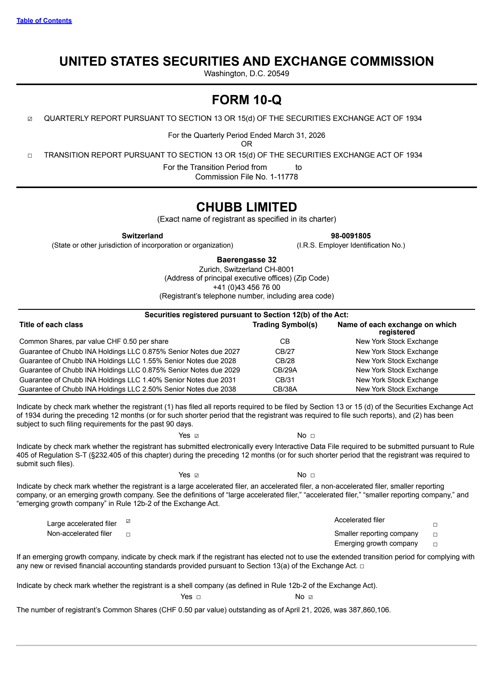 Chubb's Q1 2026 Quarterly report