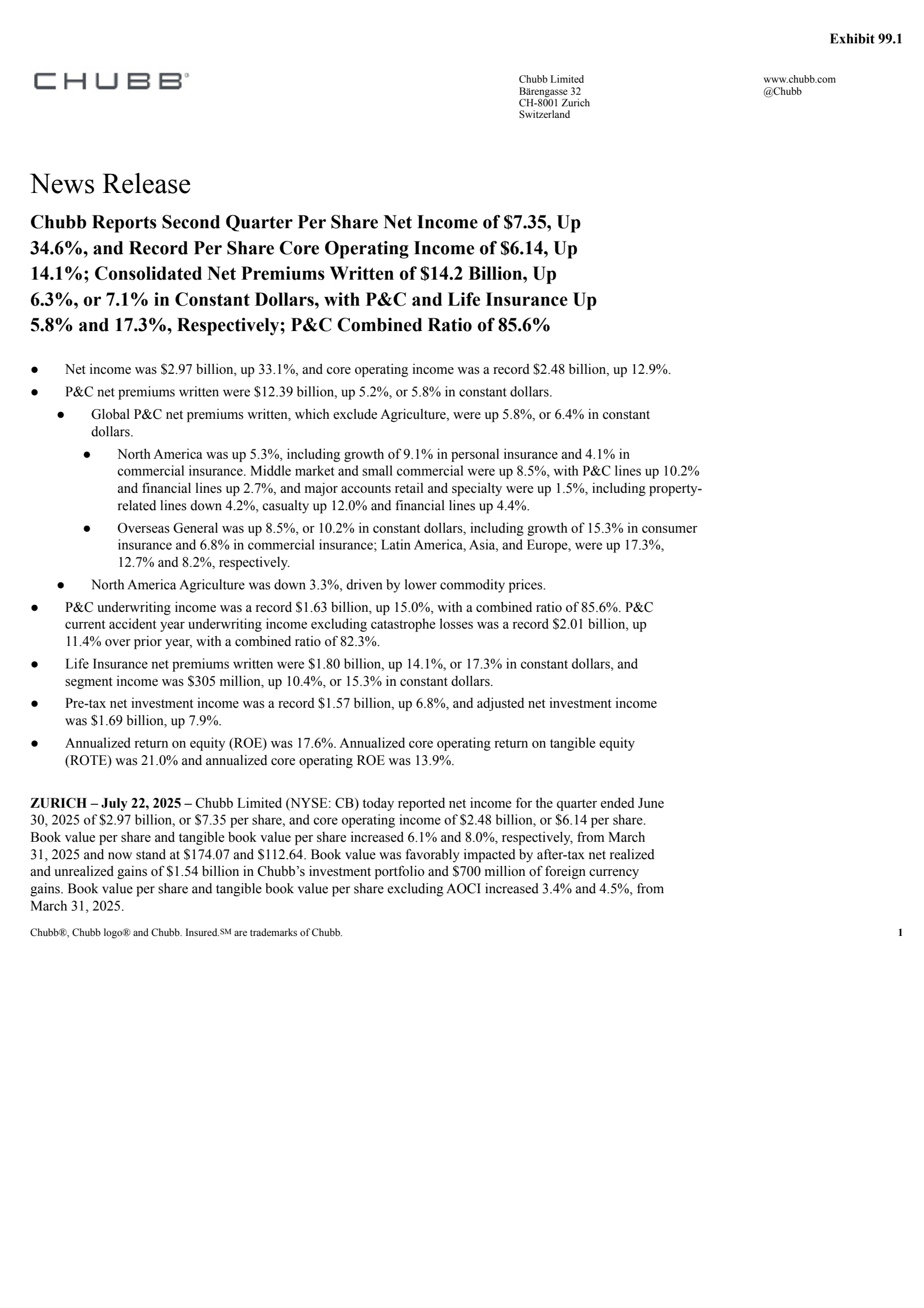 Chubb's Q2 2025 Press Release