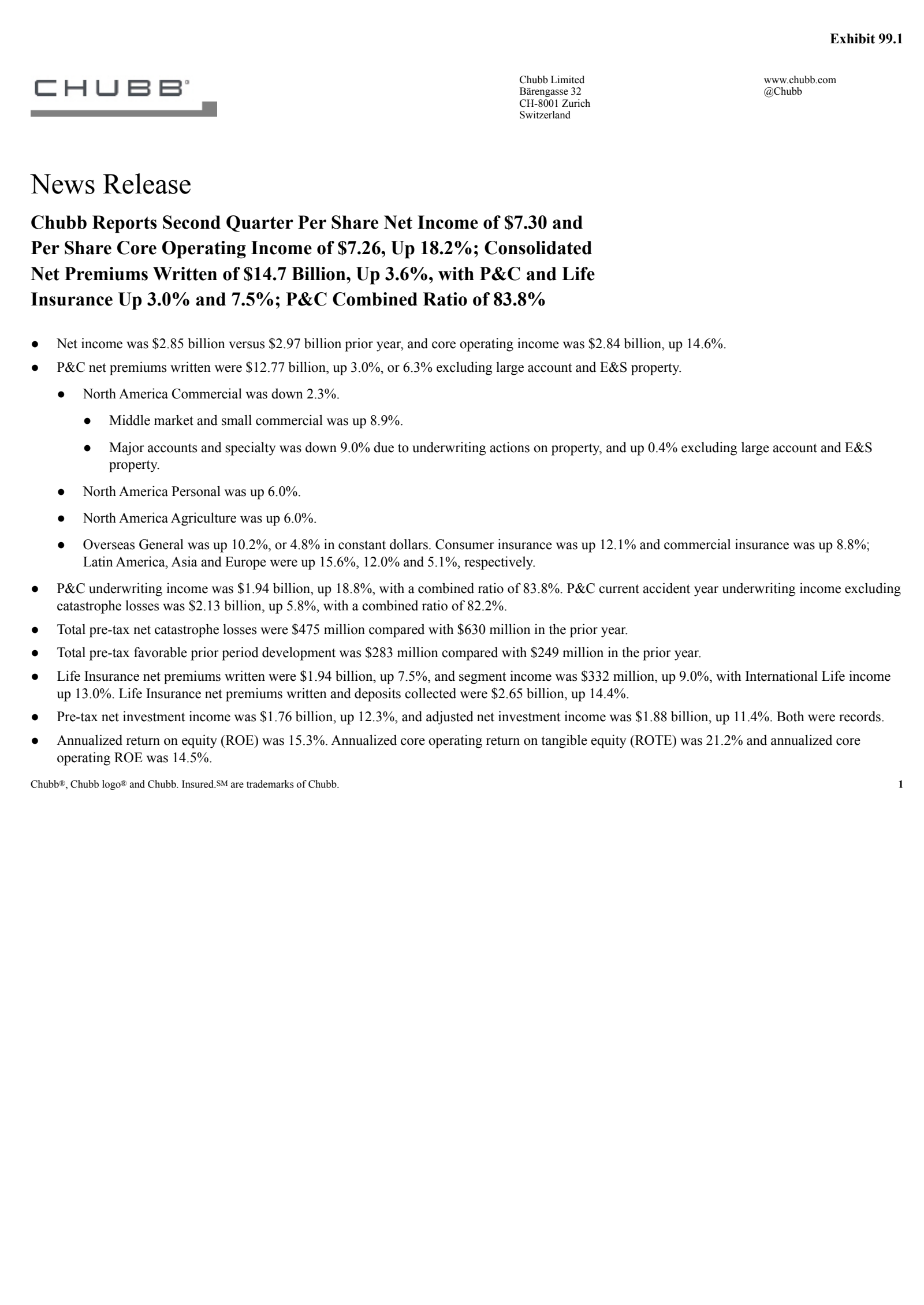 Chubb's Q2 2026 Press Release