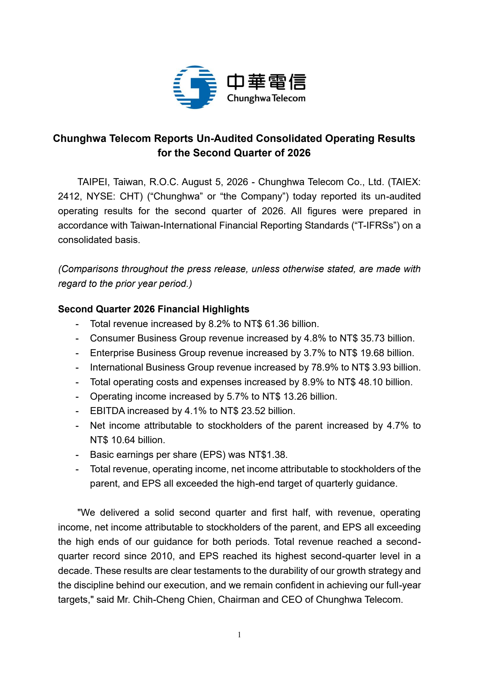 Chunghwa Telecom's Q2 2026 Press Release