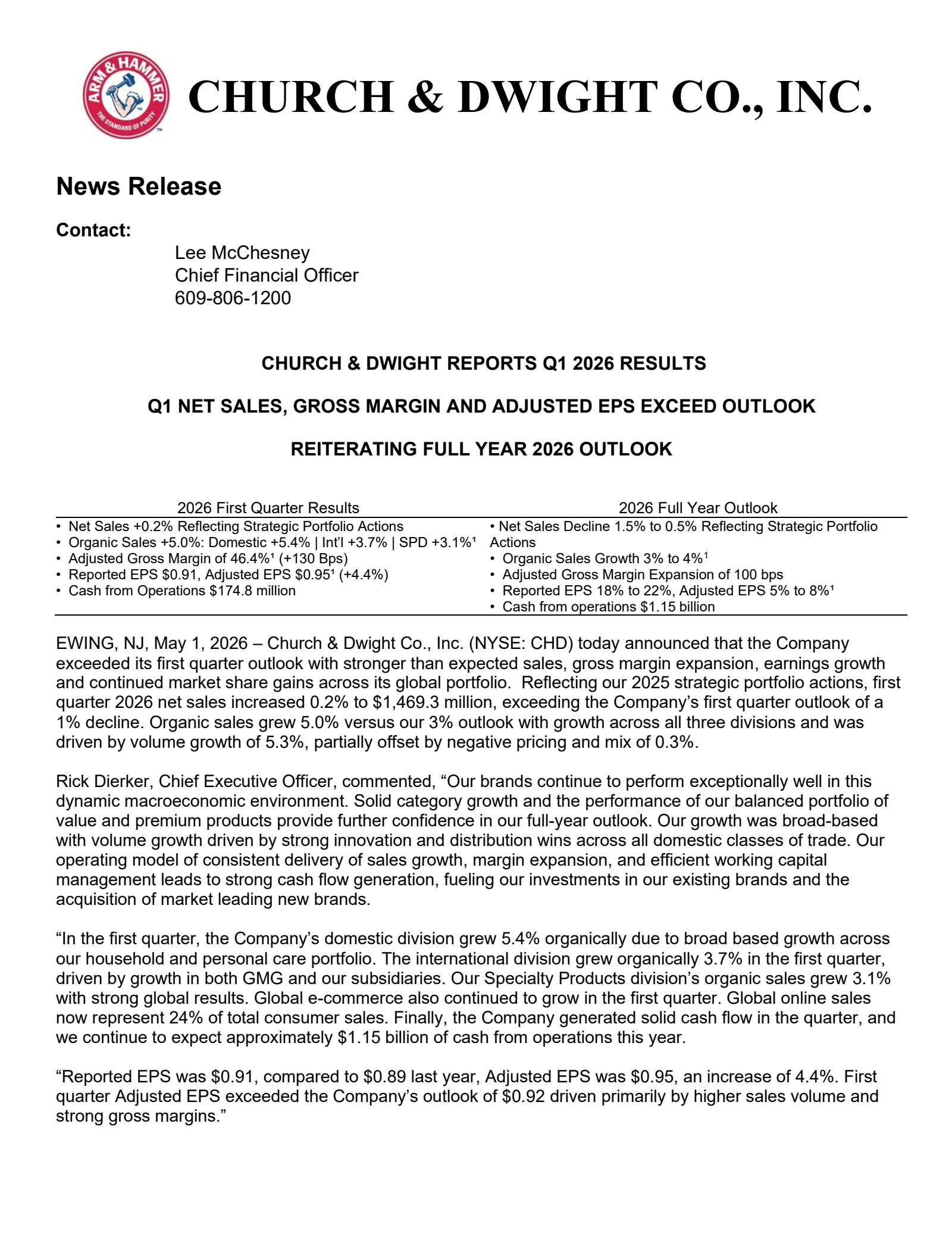 Church & Dwight's Q1 2026 Press Release