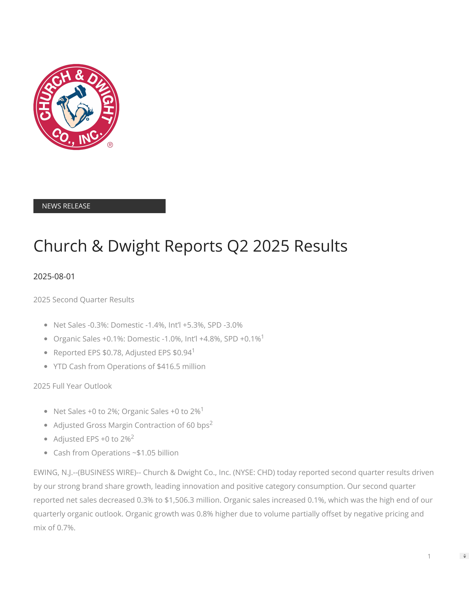Church & Dwight's Q2 2025 Press Release