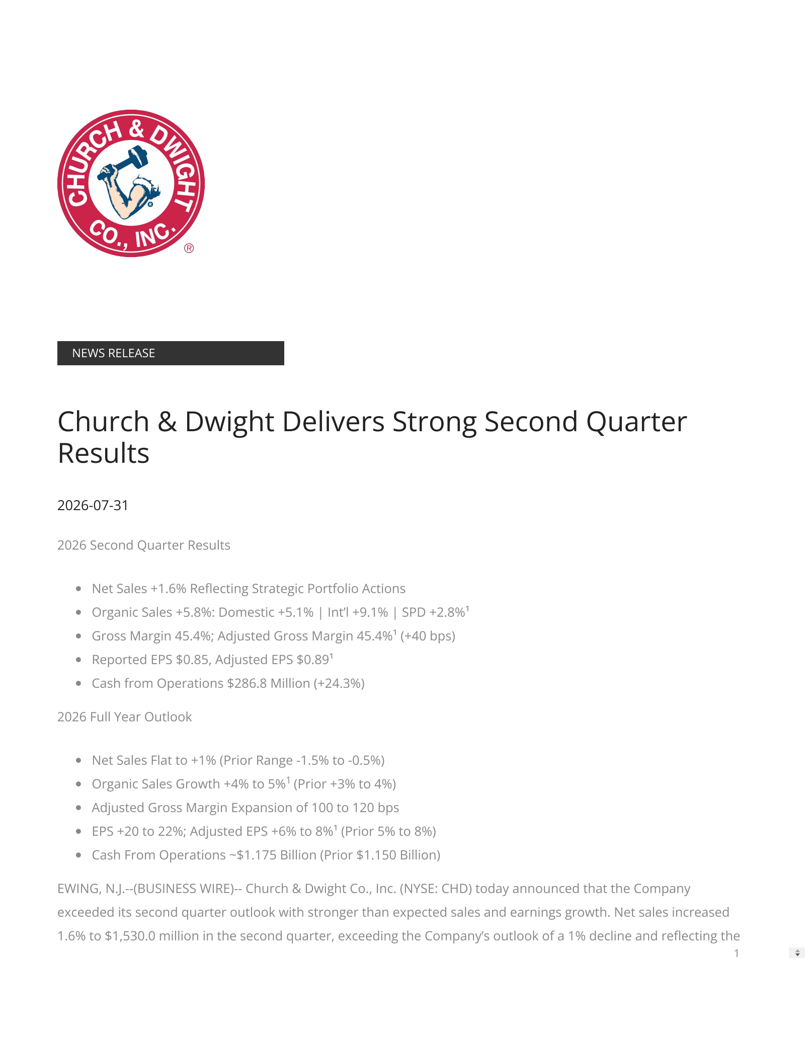 Church & Dwight's Q2 2026 Press Release