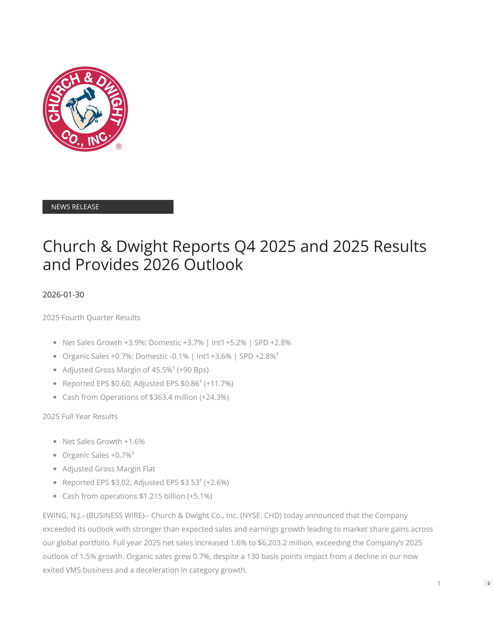 Church & Dwight's Q4 2025 & Analyst Day 2026 Press Release