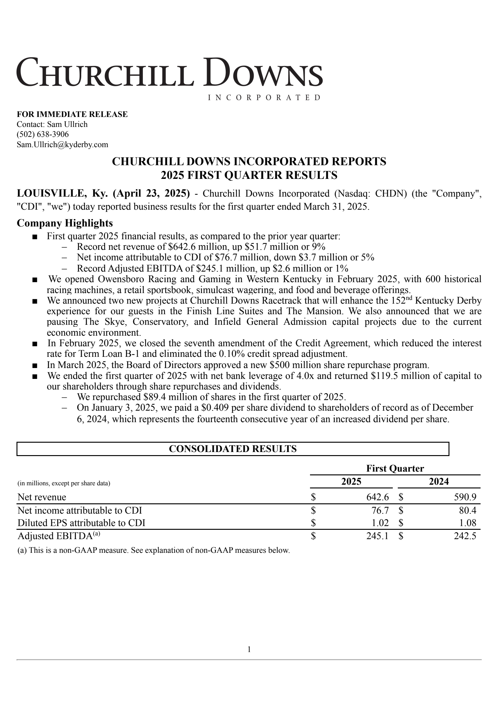 Churchill Downs' Q1 2025 Press Release