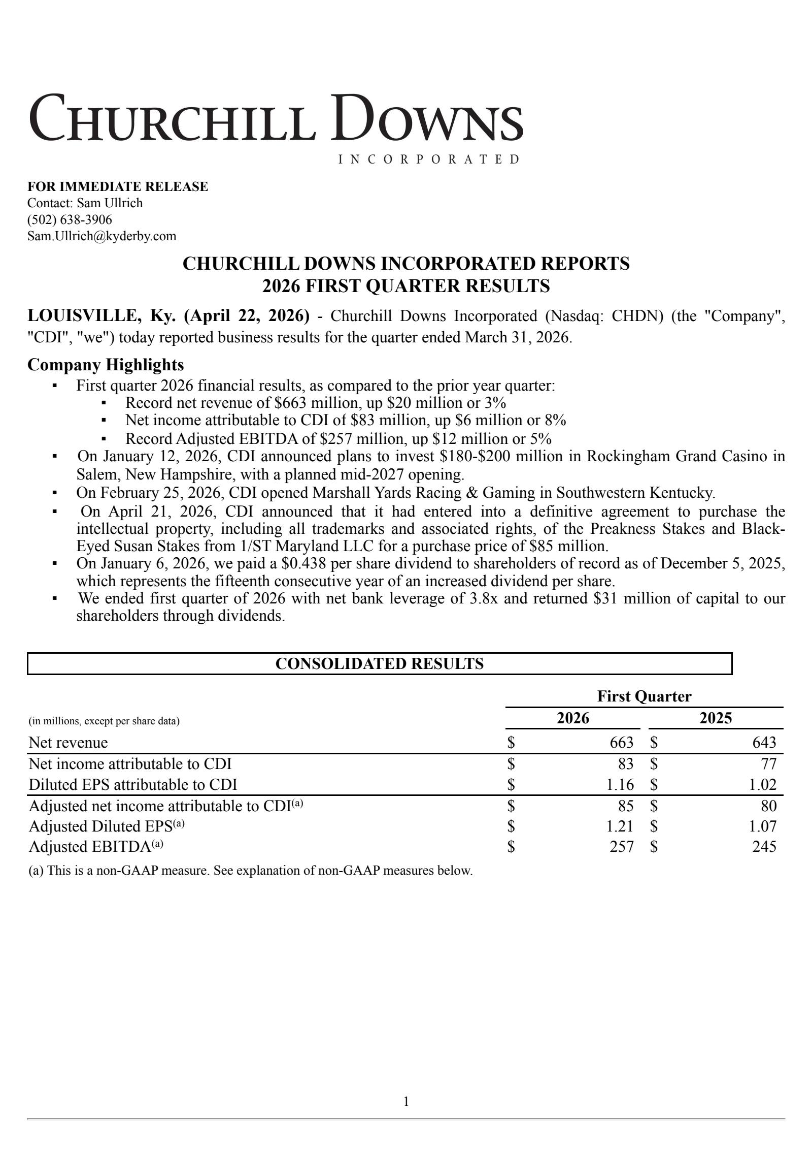 Churchill Downs' Q1 2026 Press Release