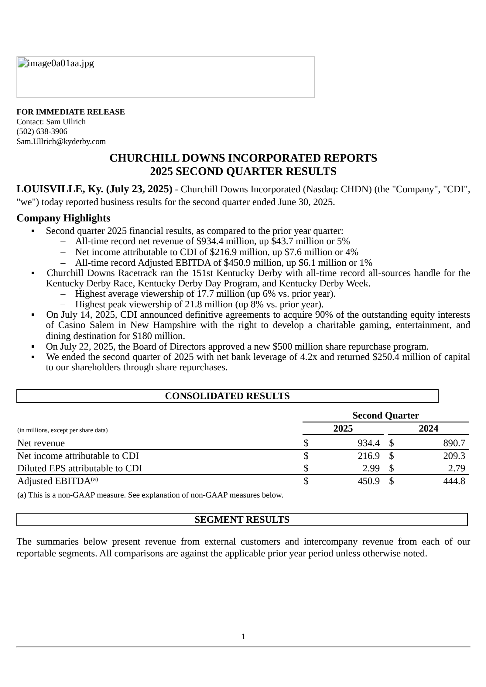 Churchill Downs' Q2 2025 Press Release