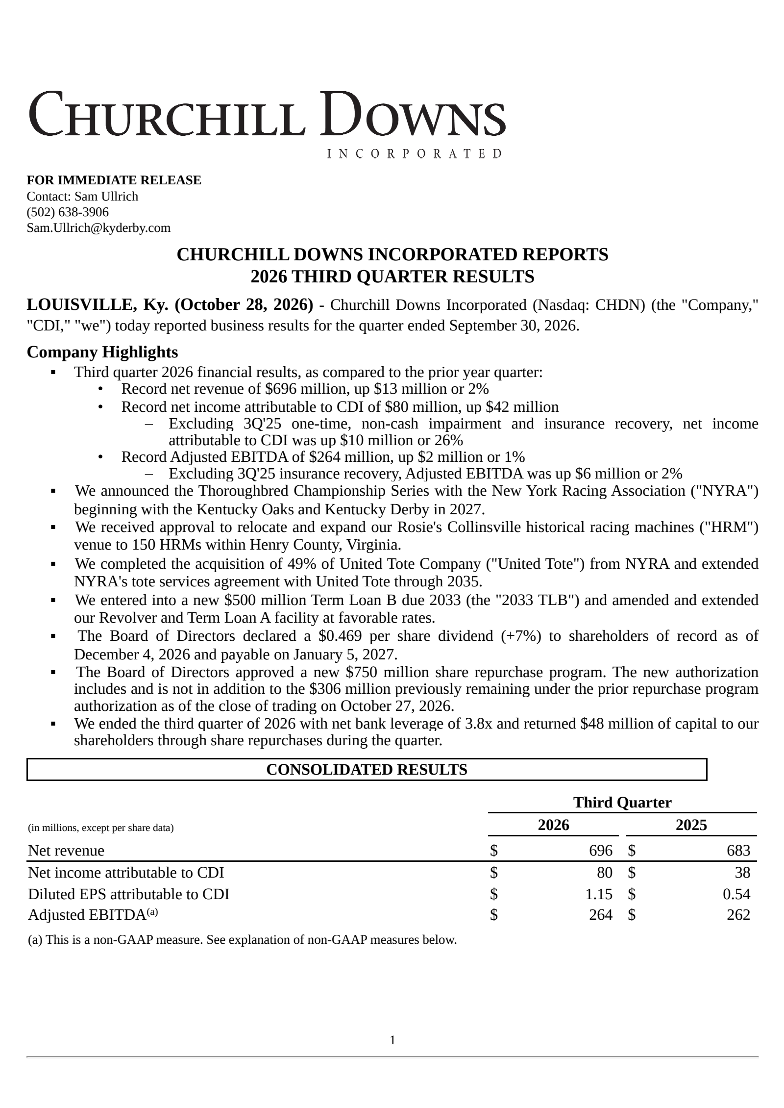 Churchill Downs' Q3 2026 Press Release