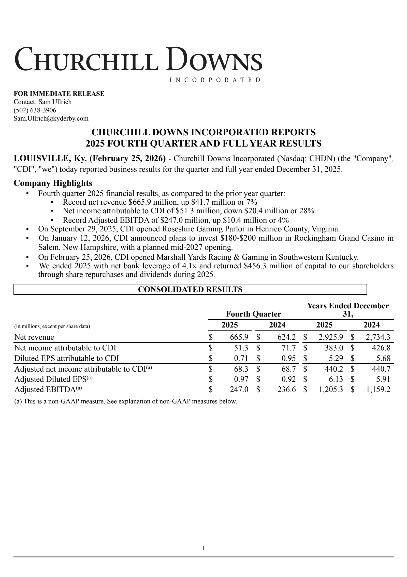 Churchill Downs' Q4 2025 Press Release