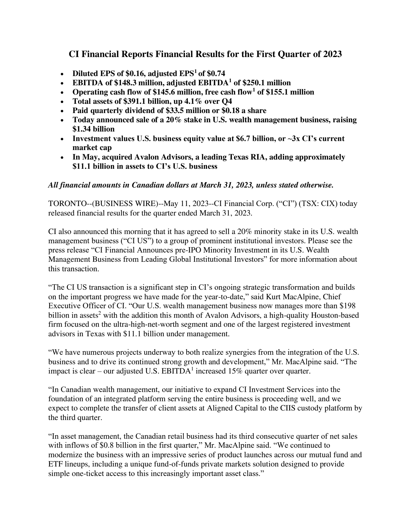 CI Financial's Q1 2023 Press Release