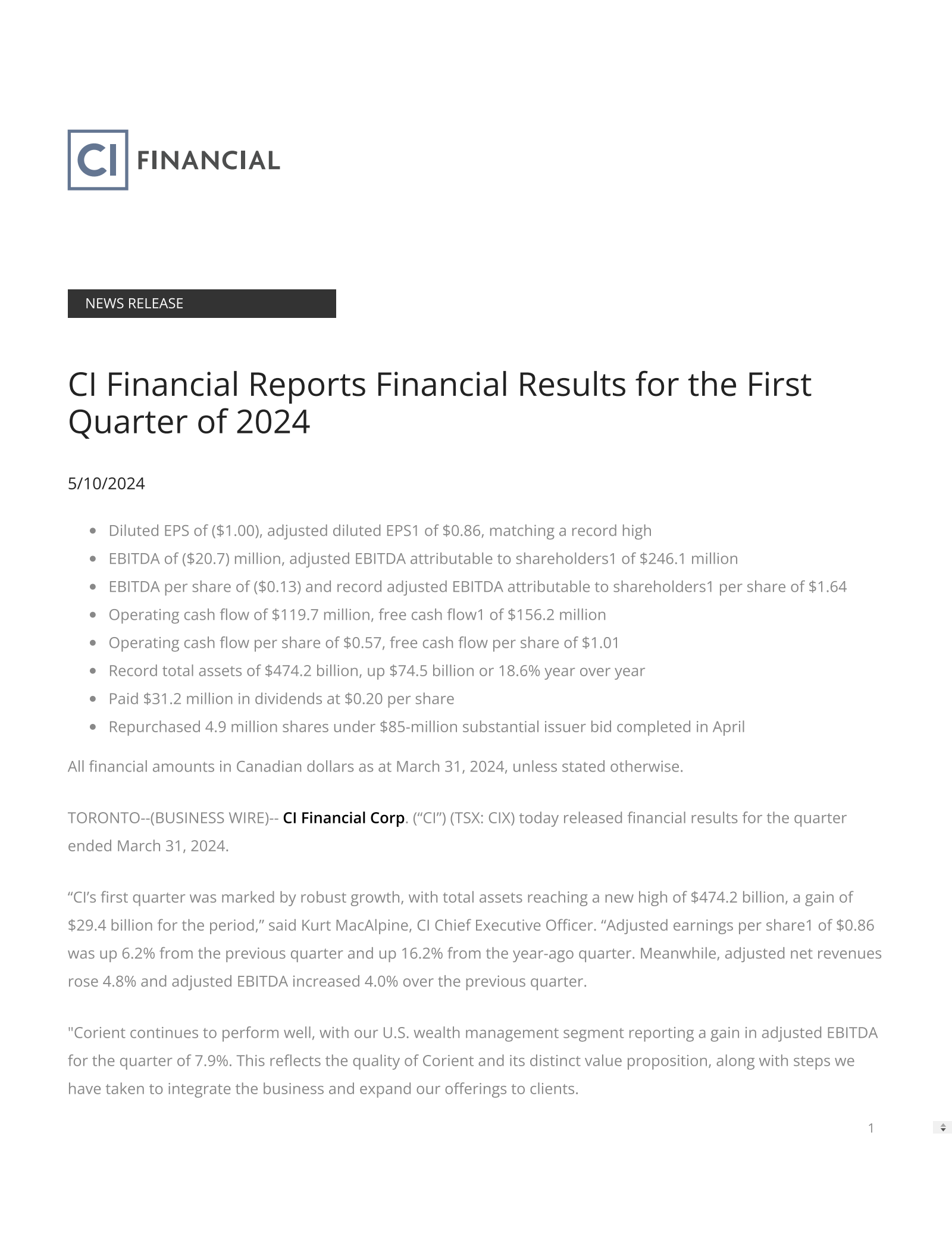 CI Financial's Q1 2024 Interim report