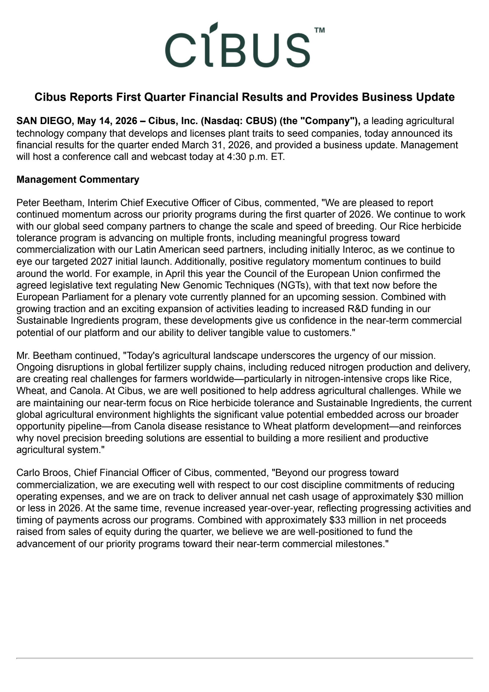 Cibus' Q1 2026 Press Release