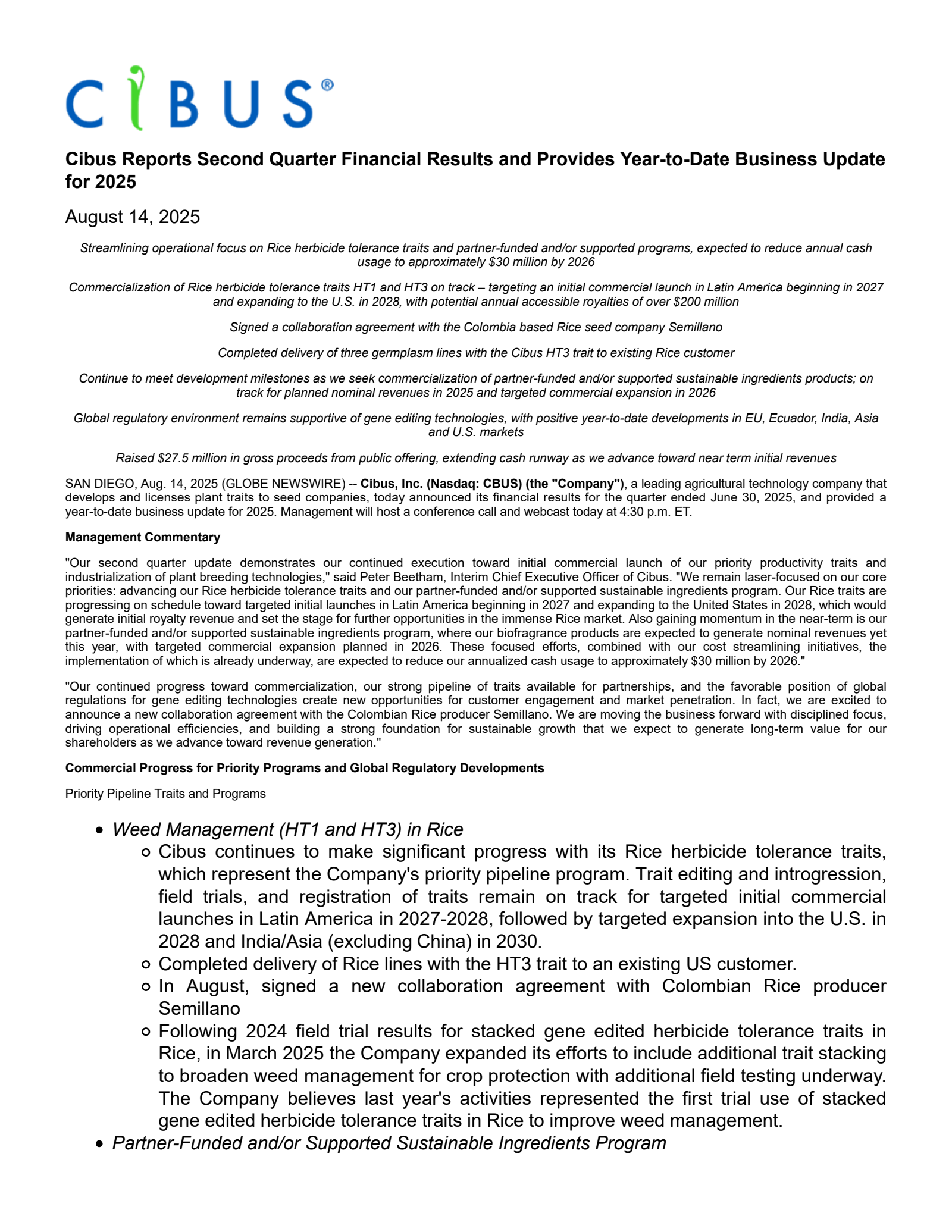 Cibus' Q2 2025 Press Release