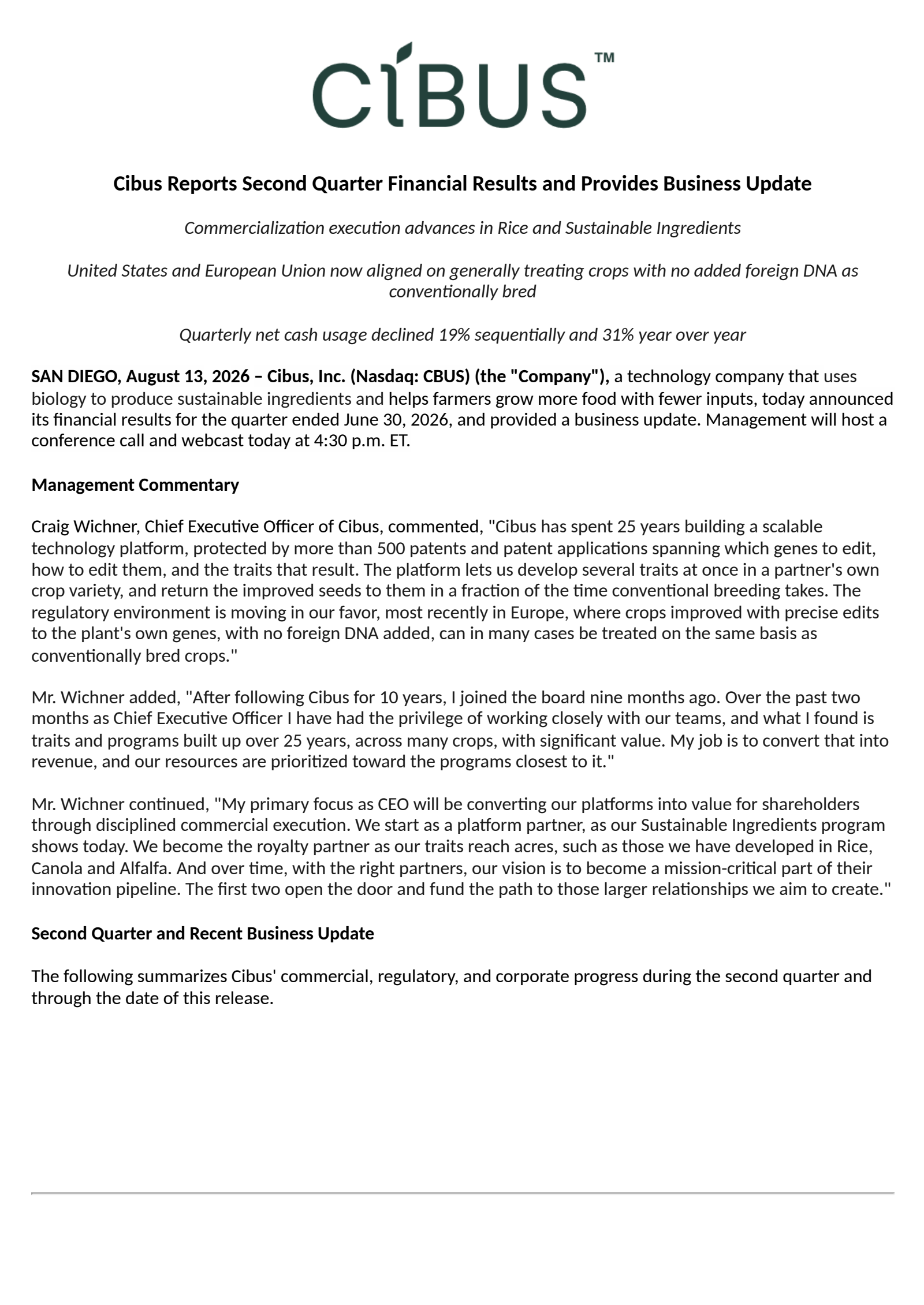 Cibus' Q2 2026 Press Release