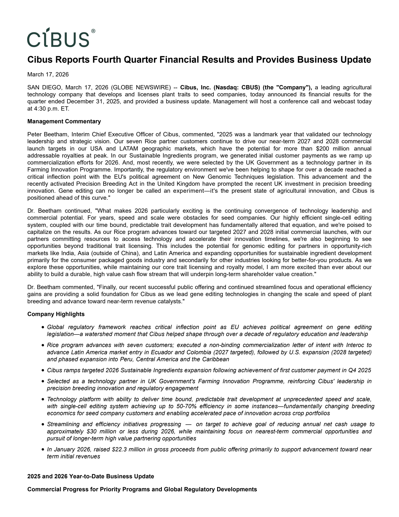 Cibus' Q4 2025 Press Release