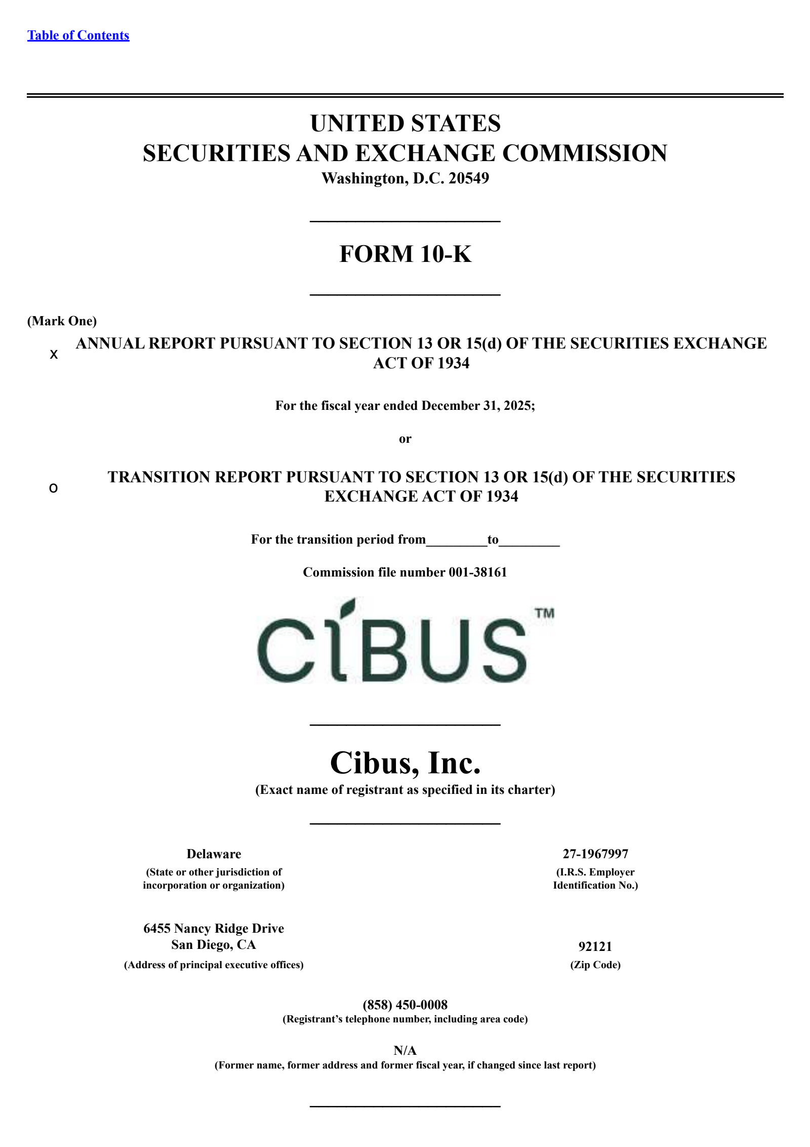 Cibus' Q4 2025 Annual report