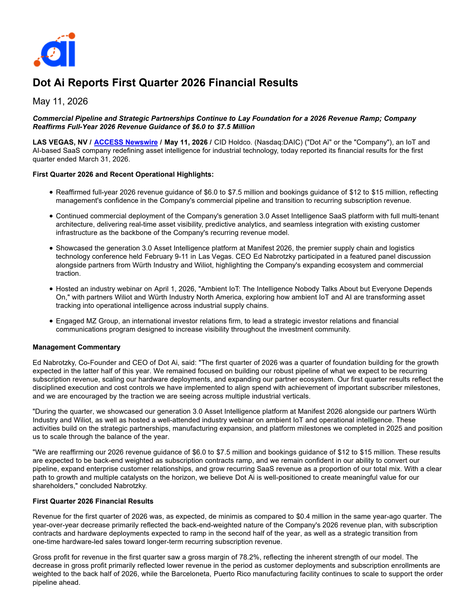 CID Holdco's Q1 2026 Press Release