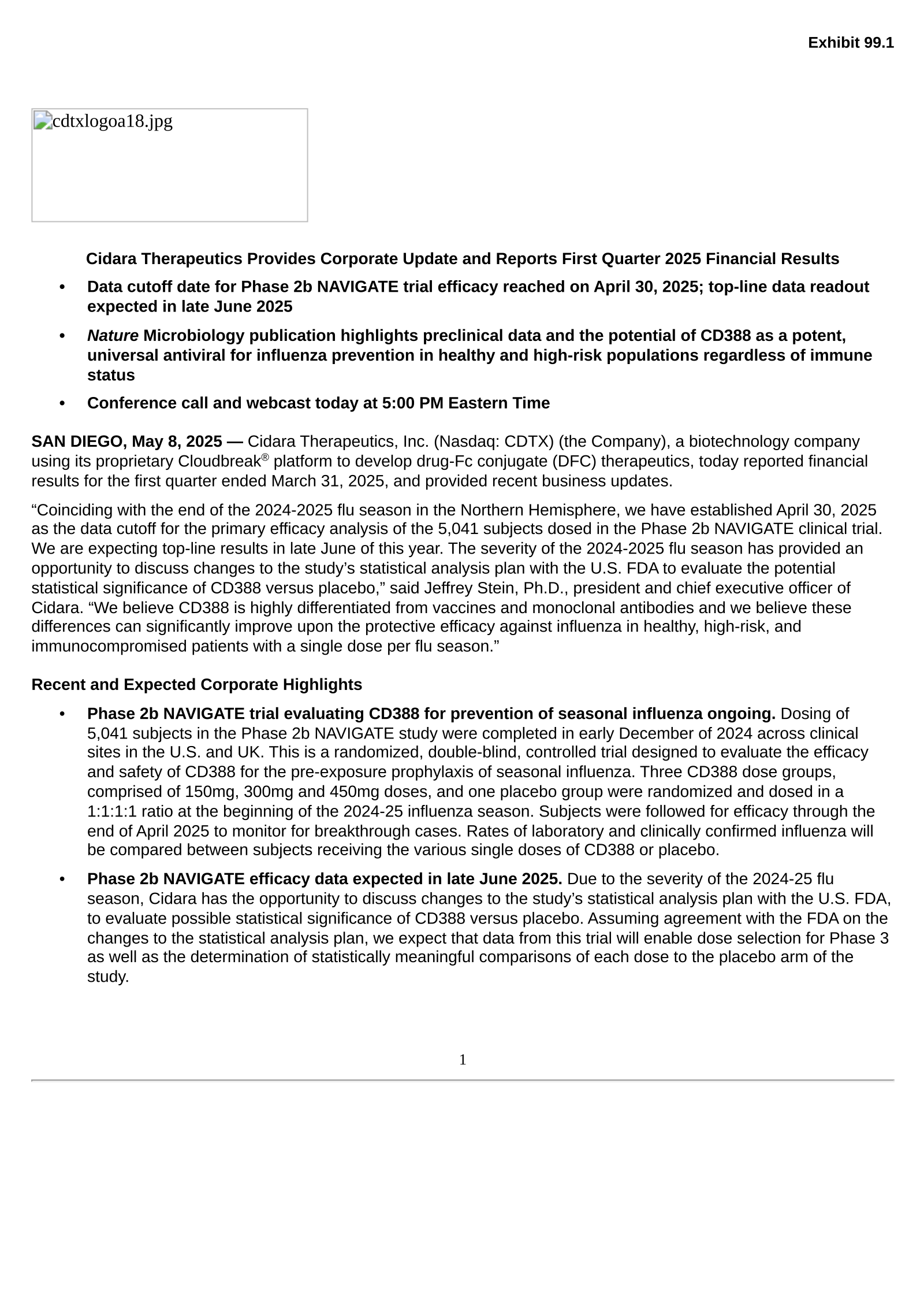 Cidara Therapeutics' Q1 2025 Press Release