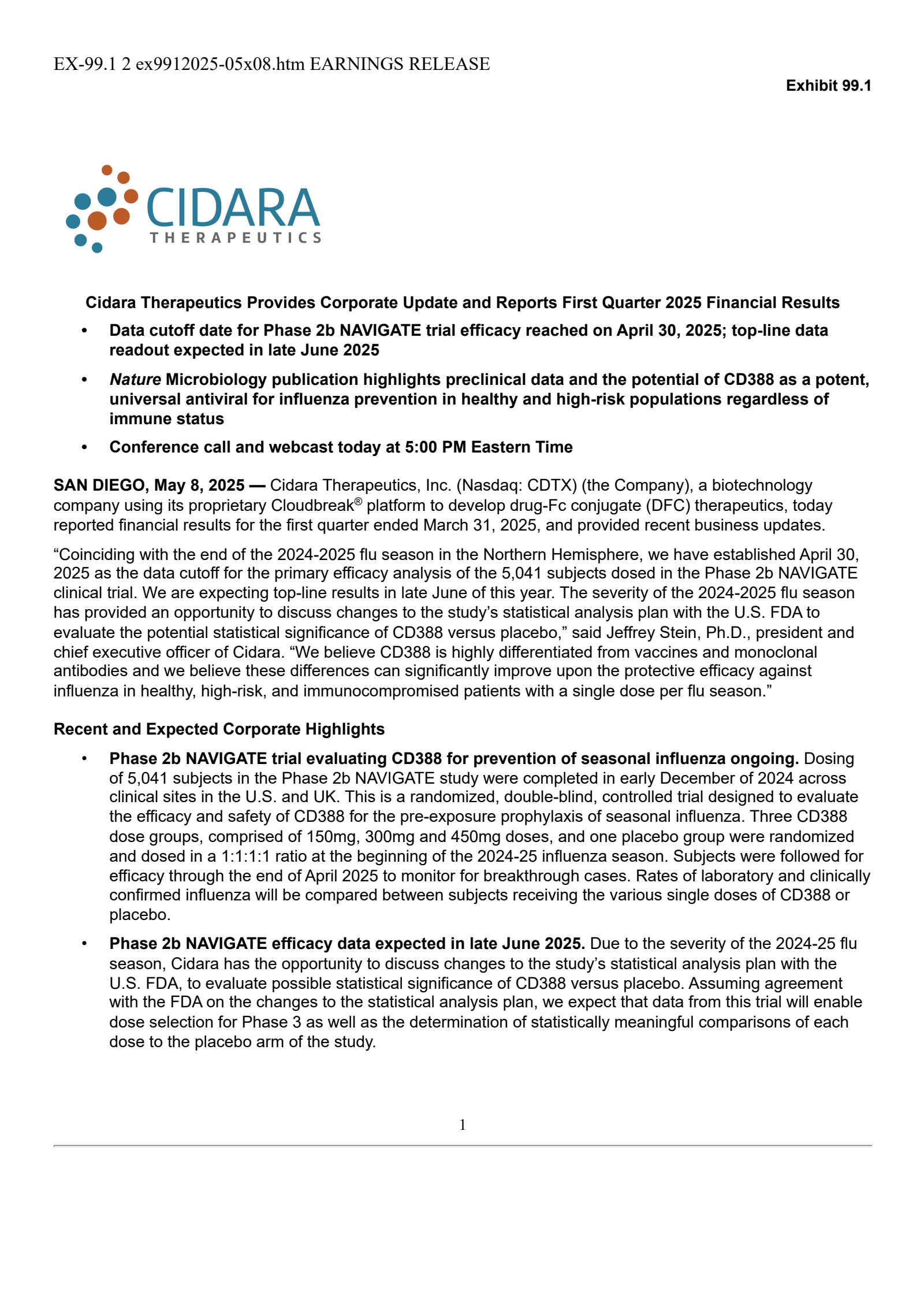 Cidara Therapeutics' Q1 2025 Press Release