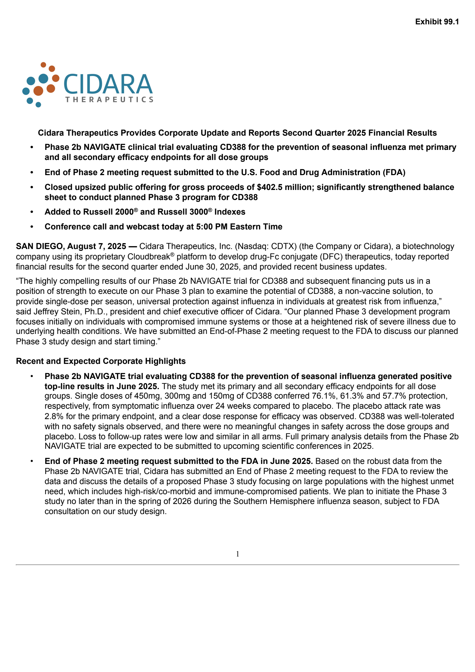 Cidara Therapeutics' Q2 2025 Press Release