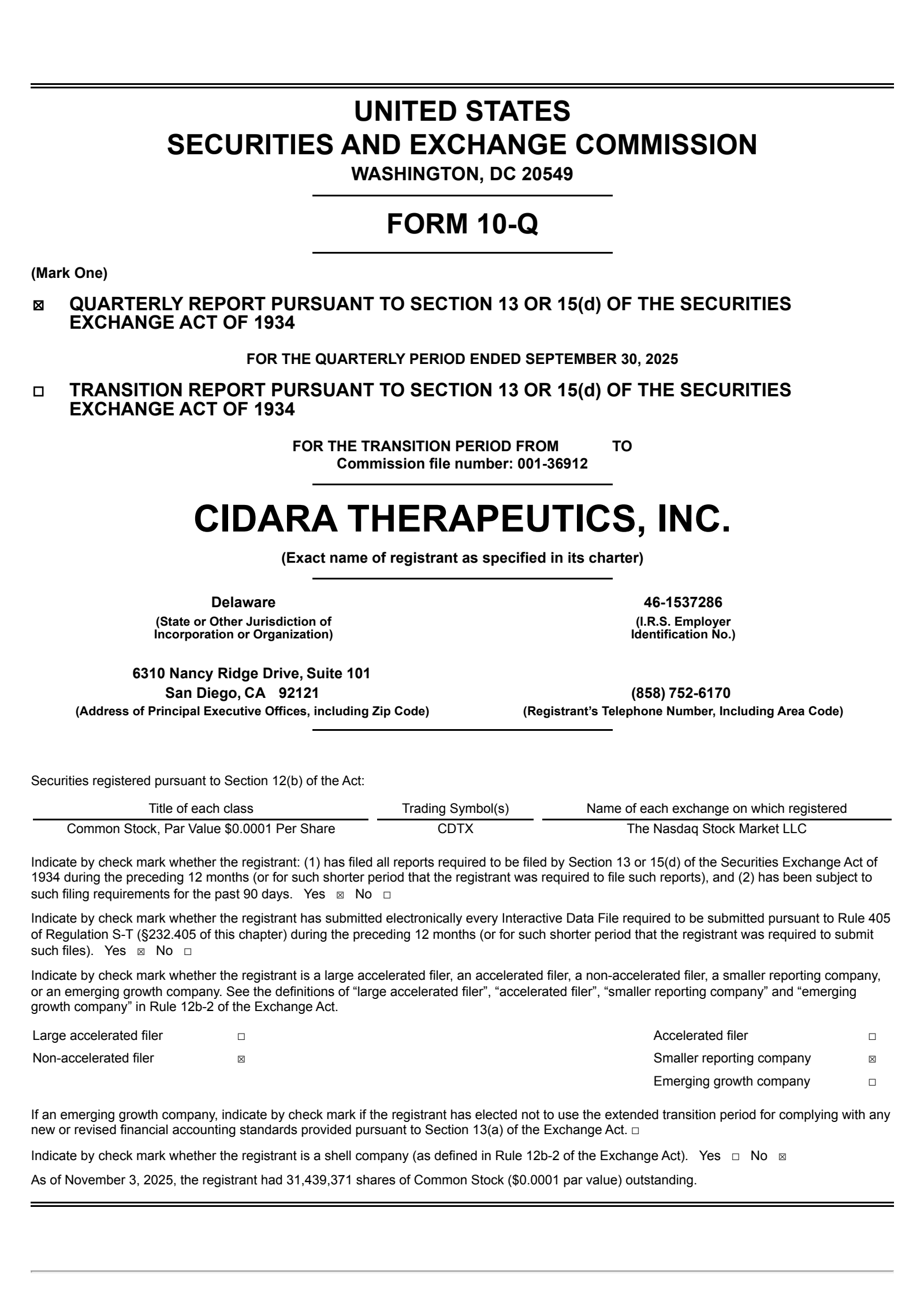 Cidara Therapeutics' Q3 2025 Quarterly Report