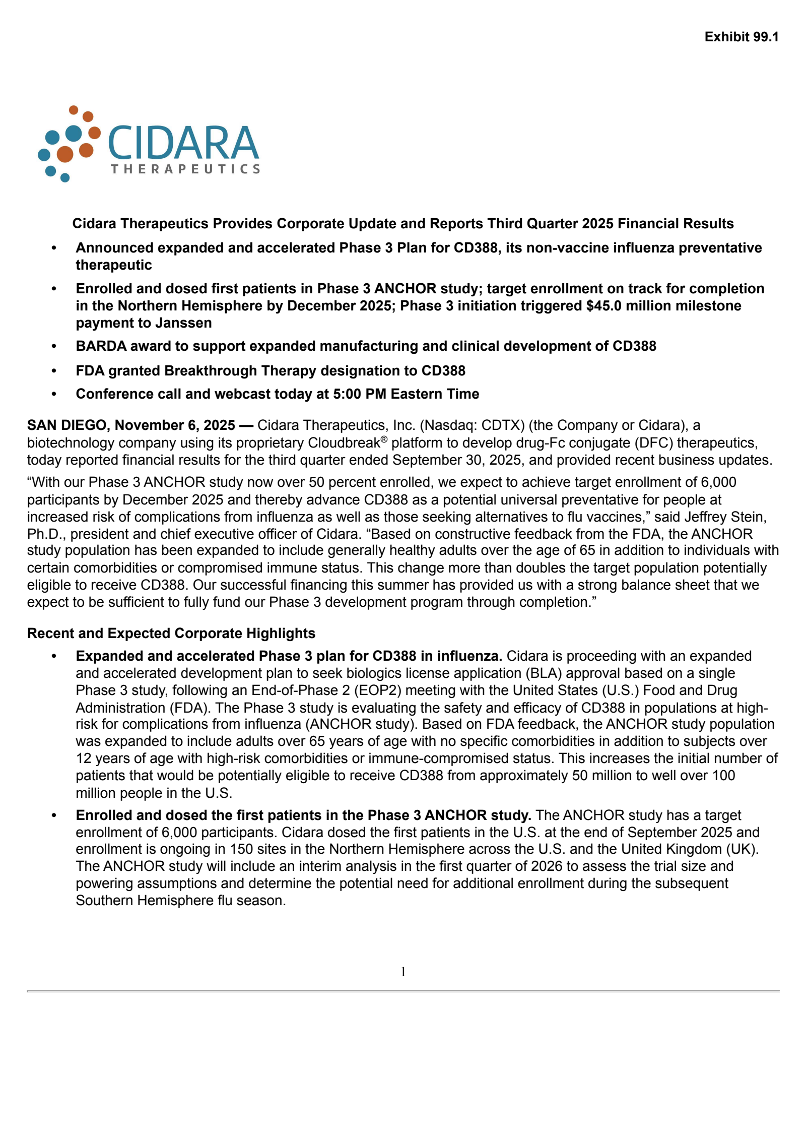 Cidara Therapeutics' Q3 2025 Earnings Release