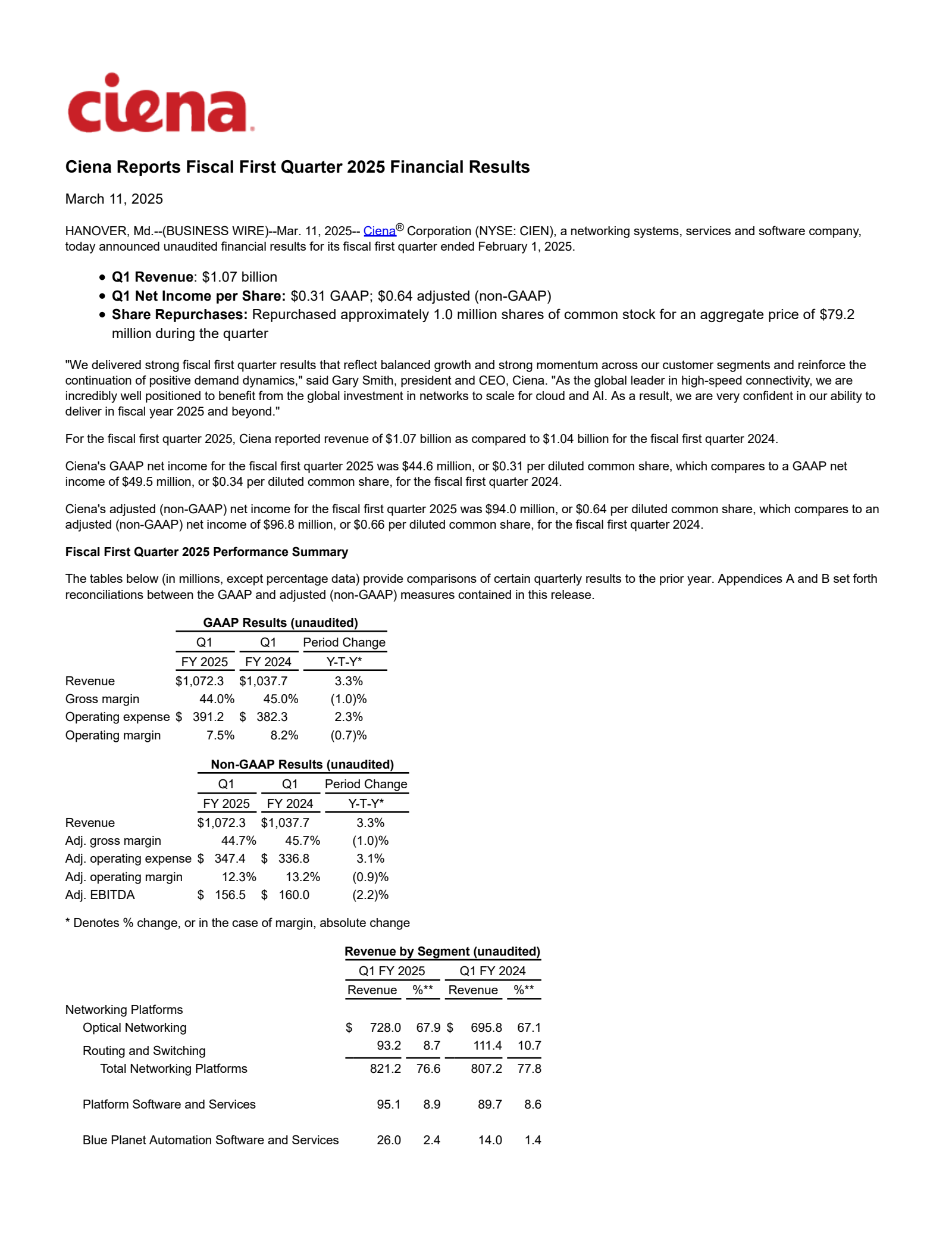 Ciena's Q1 2025 Press Release