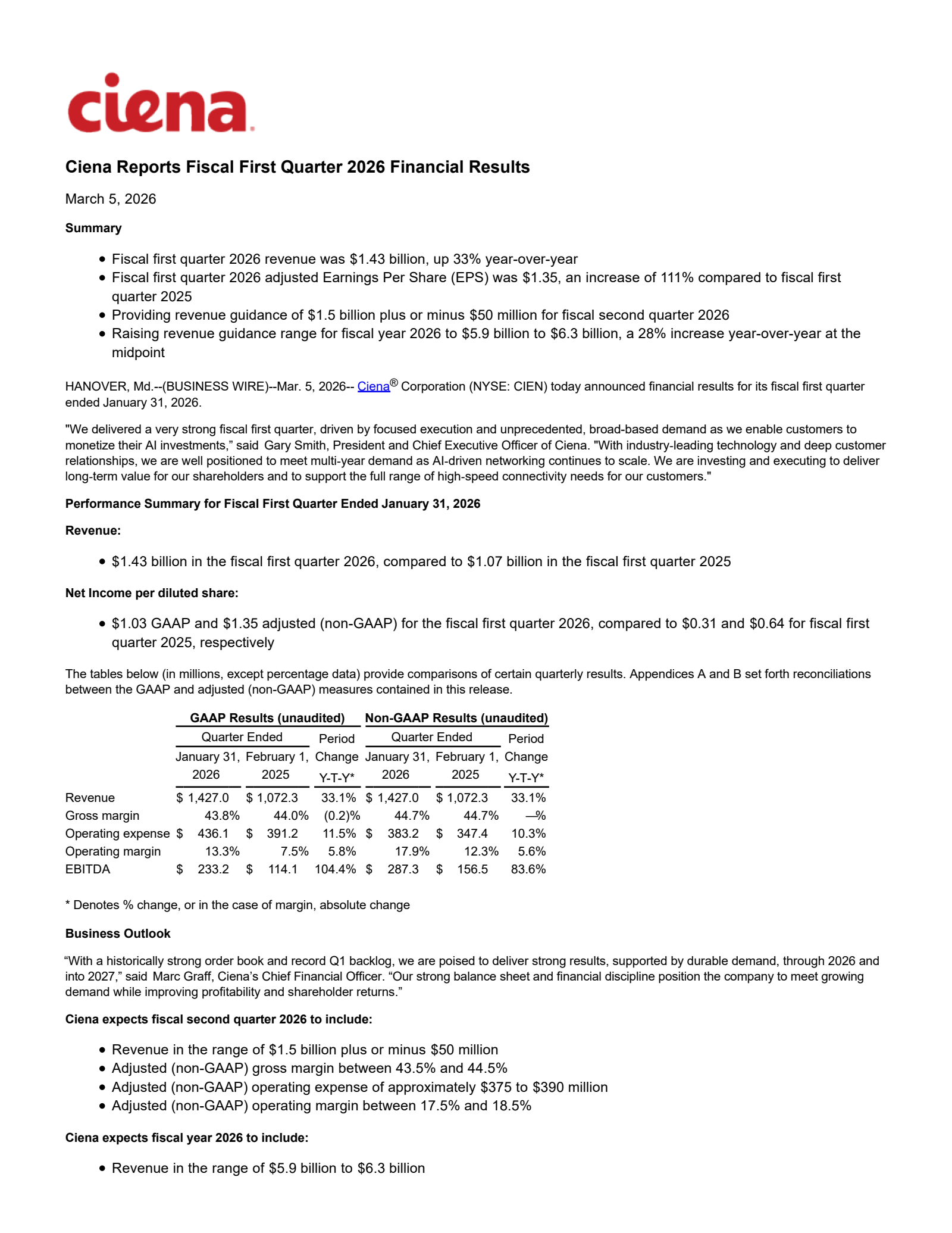 Ciena's Q1 2026 Press Release